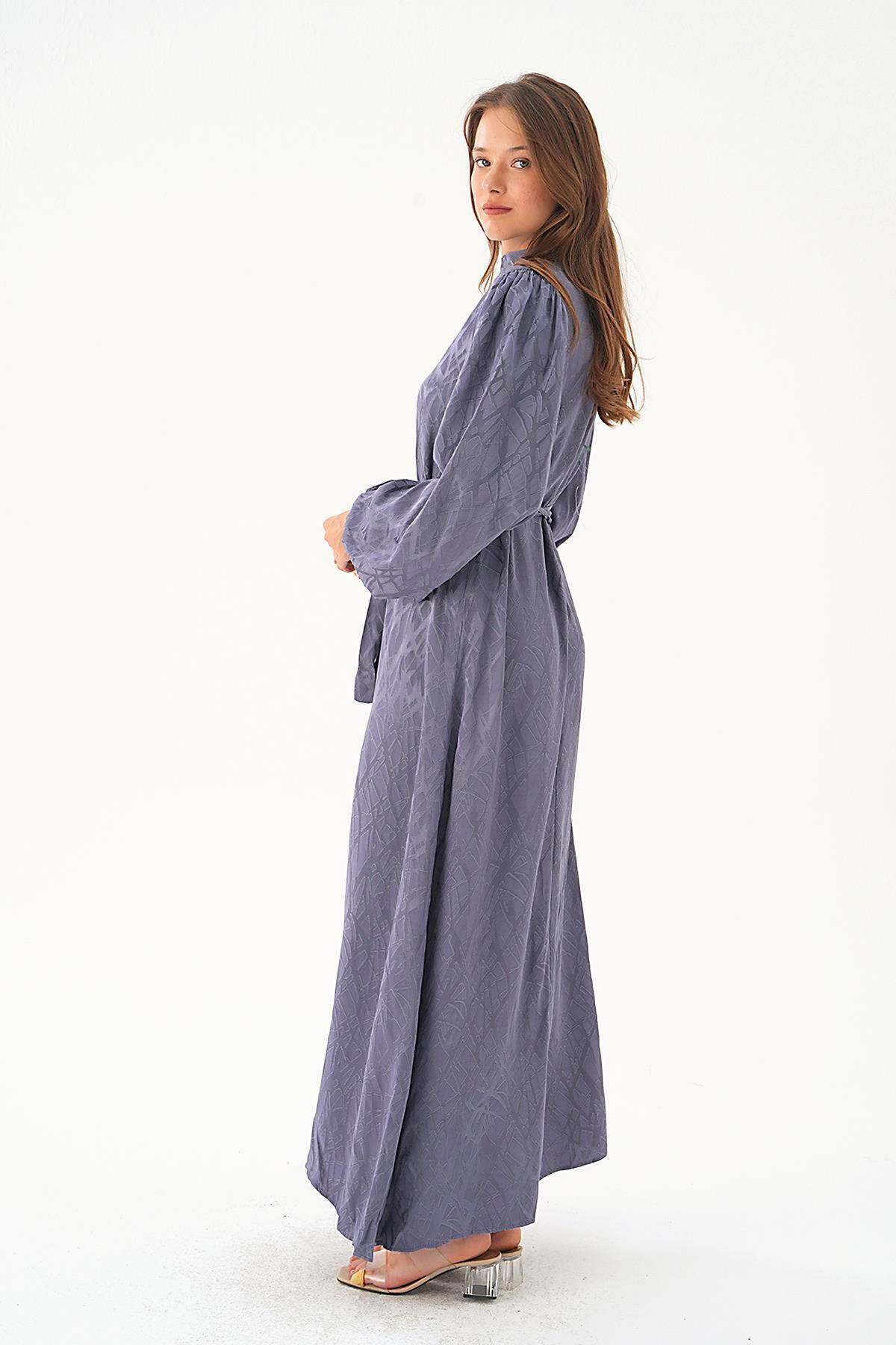 Leylak Desenli Kuşak Detay Elbise 4210A - 4