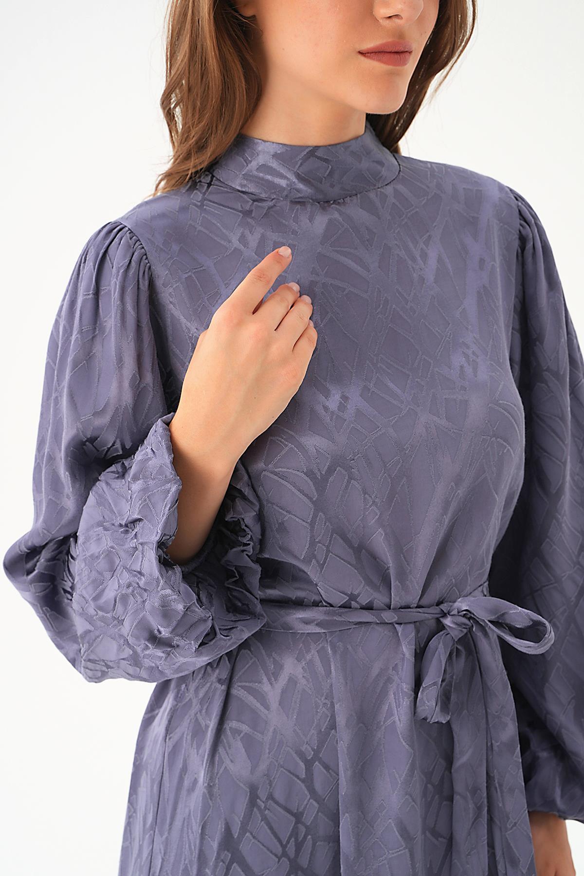 Leylak Desenli Kuşak Detay Elbise 4210A - 6