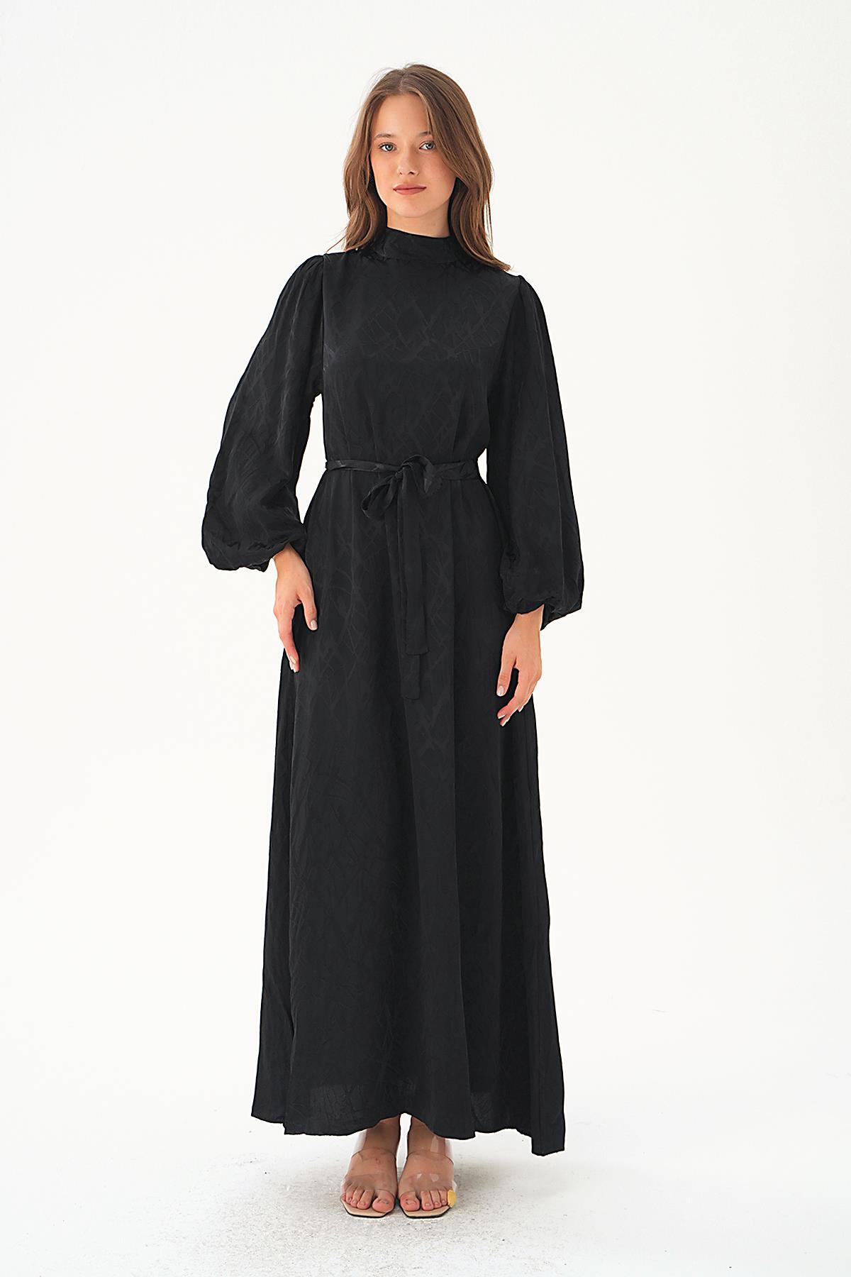 Siyah Desenli Kuşak Detay Elbise 4210A 