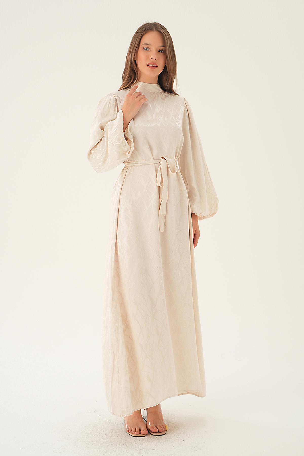 4210A Desenli Kuşak Detay Elbise Taş 