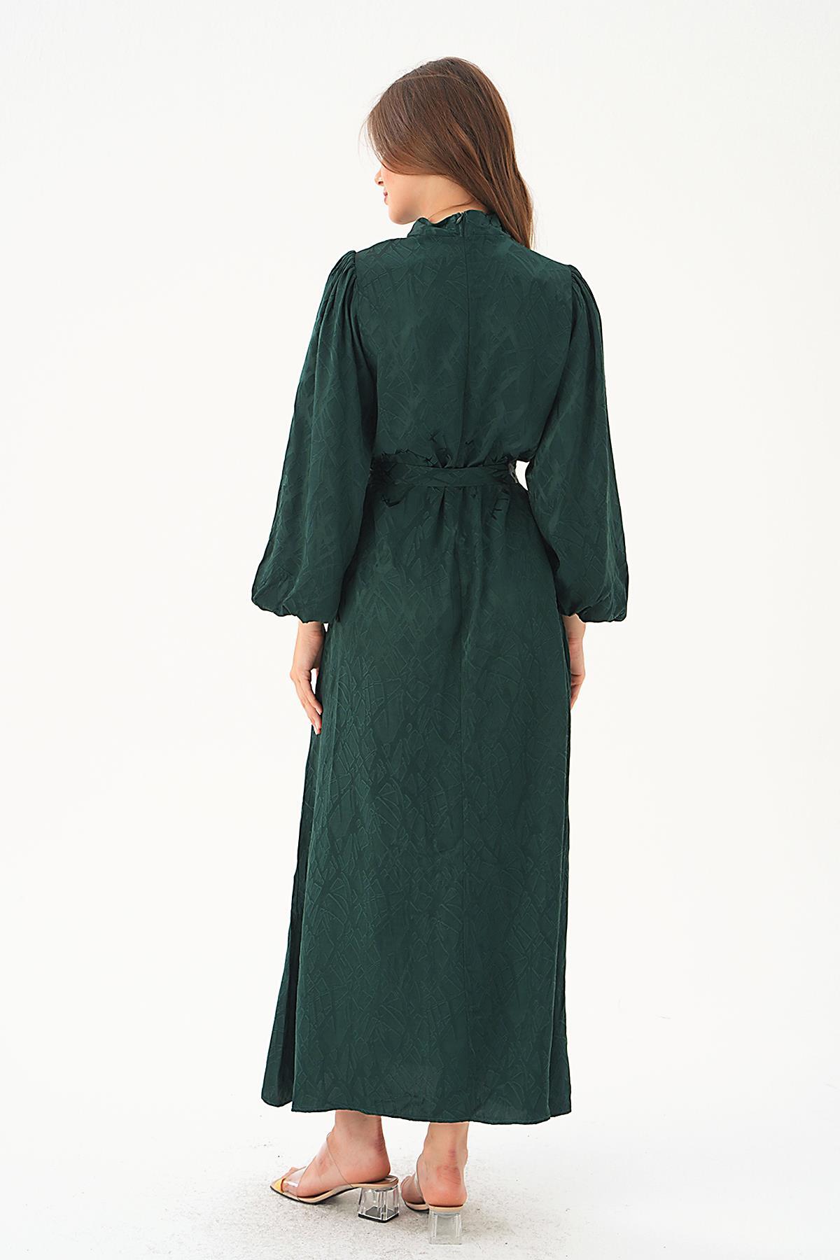 Zümrüt Desenli Kuşak Detay Elbise 4210A - 2