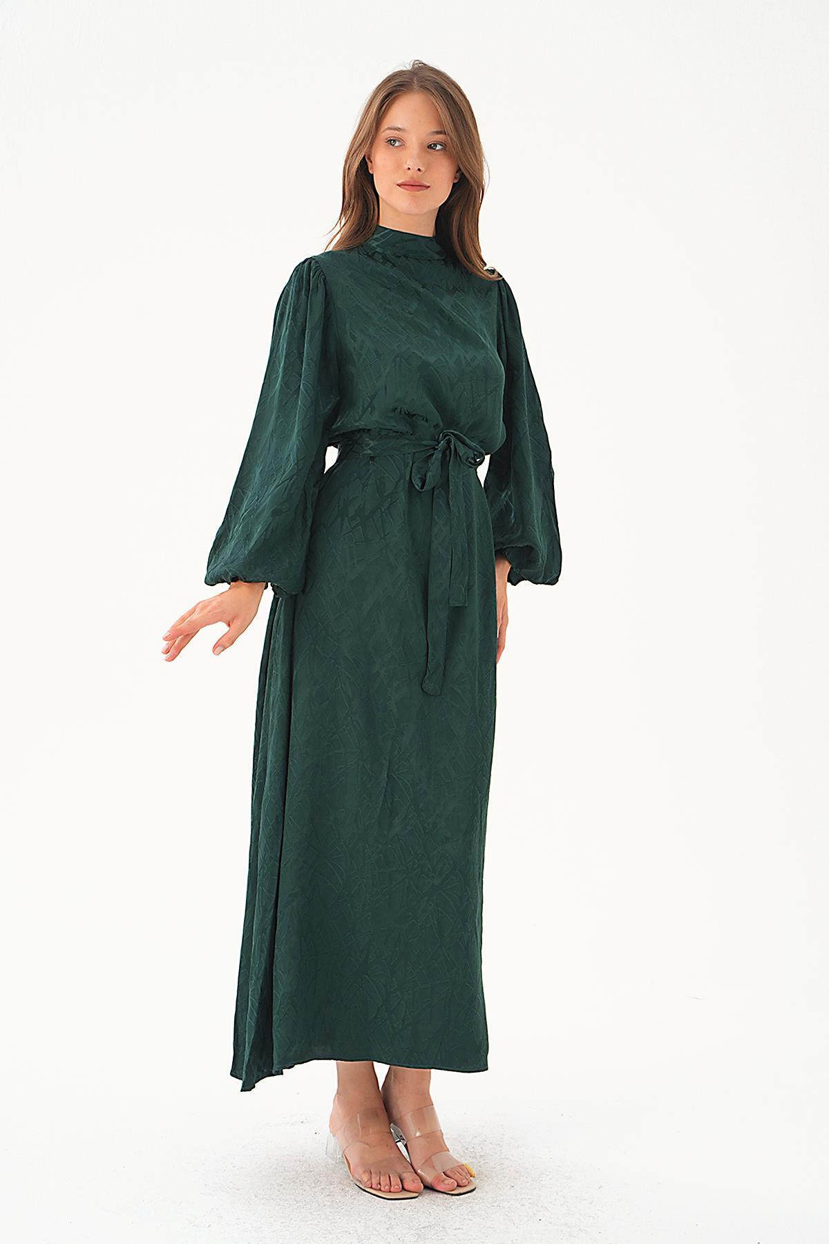 Zümrüt Desenli Kuşak Detay Elbise 4210A - 5