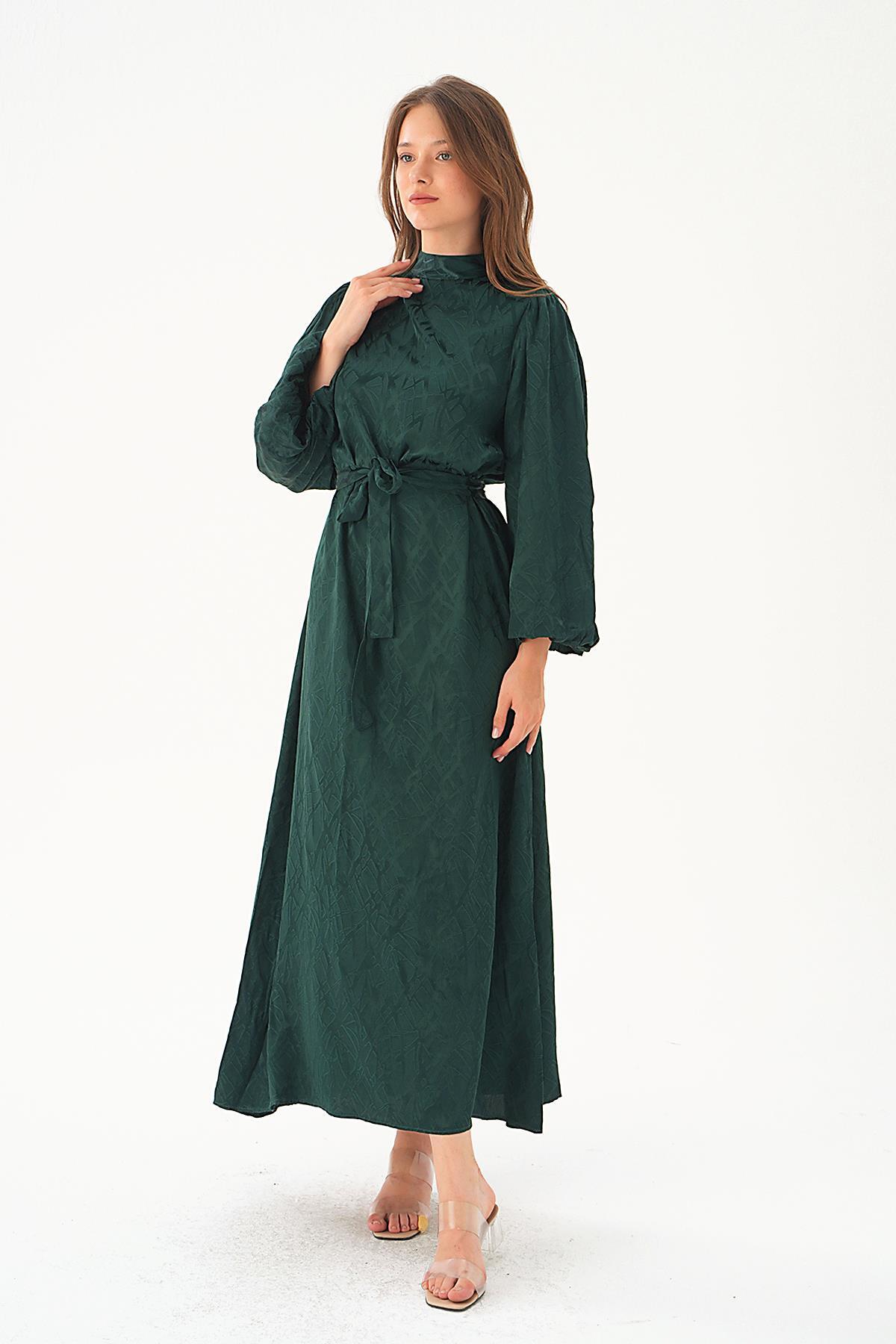 Zümrüt Desenli Kuşak Detay Elbise 4210A - 6