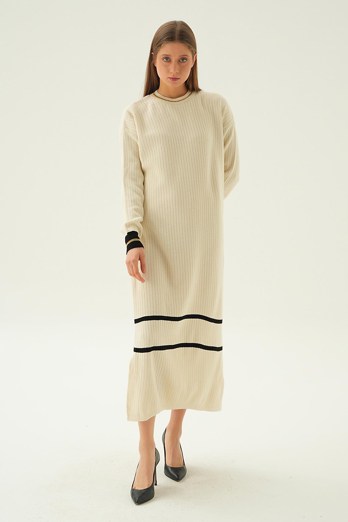 4215 Çizgi Detay Triko Elbise Bej - 2