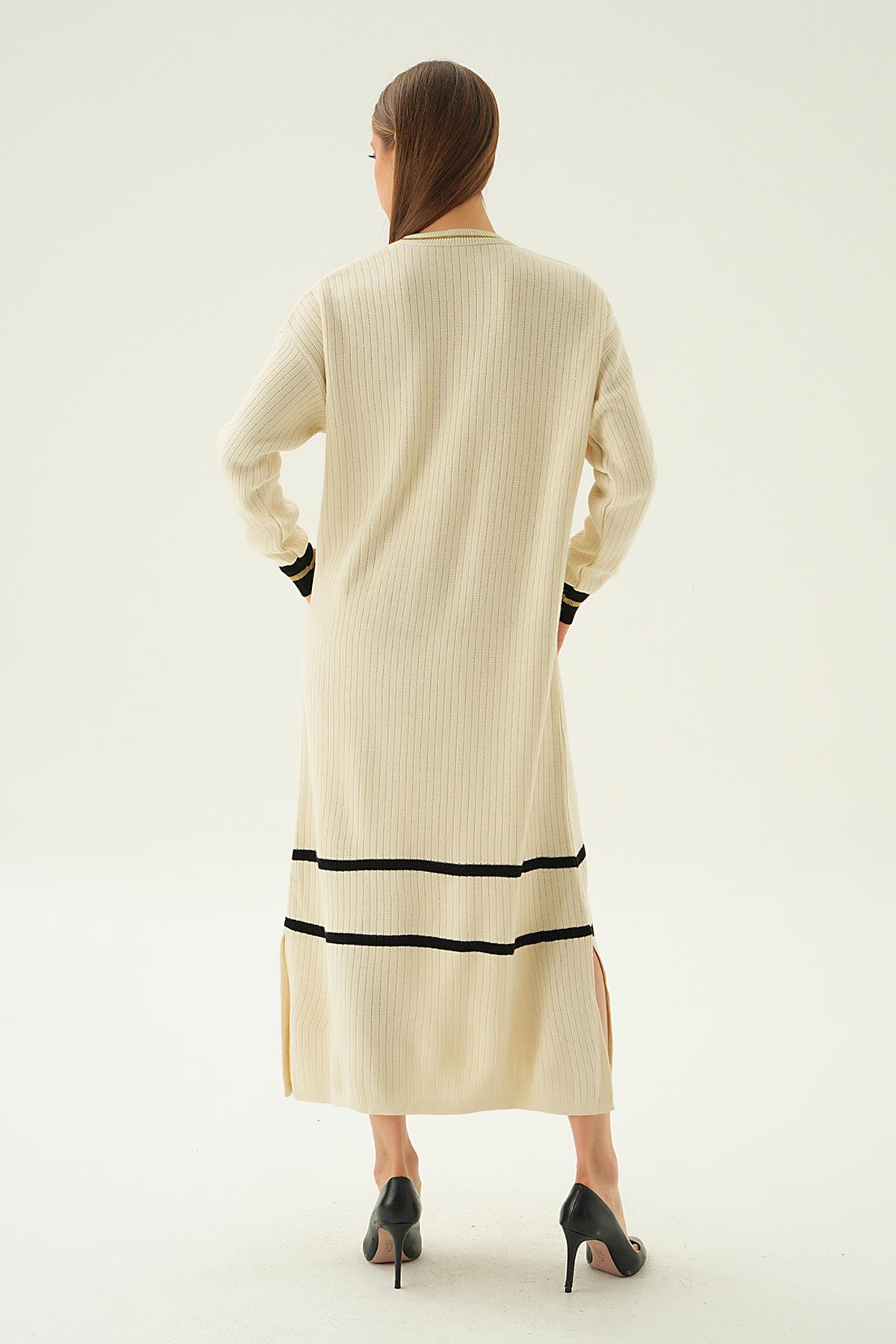 4215 Çizgi Detay Triko Elbise Bej - 4