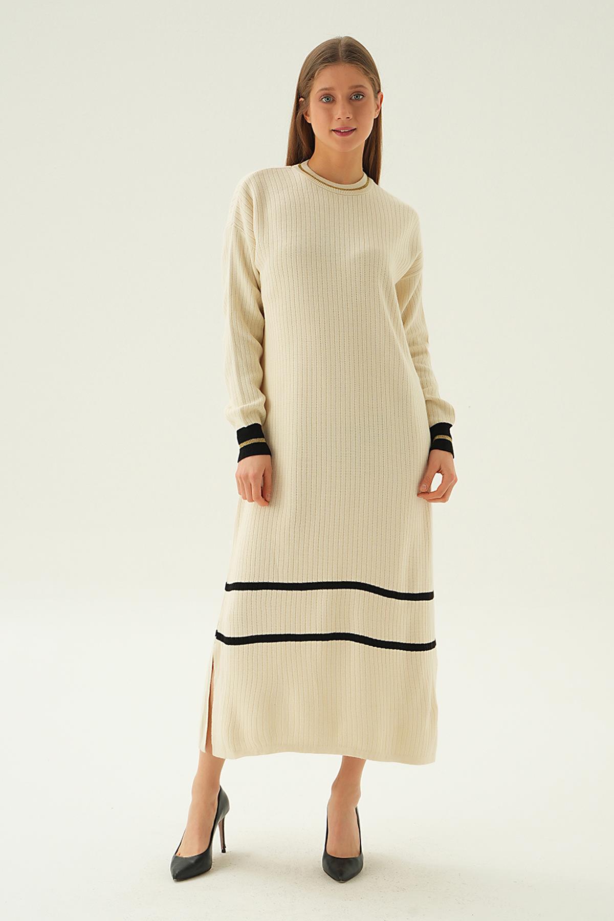 4215 Çizgi Detay Triko Elbise Bej - 6