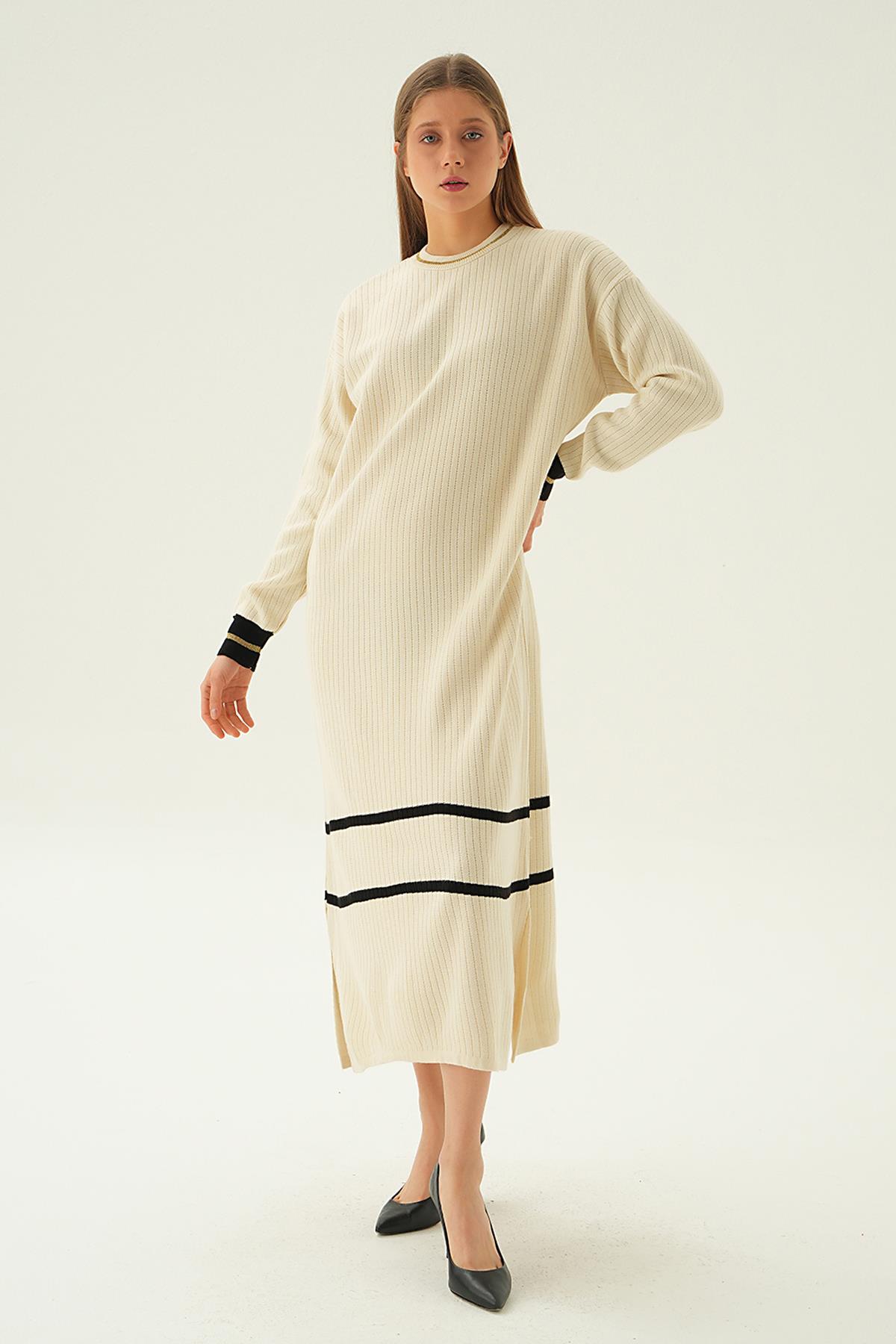 Bej Çizgi Detay Triko Elbise 4215 