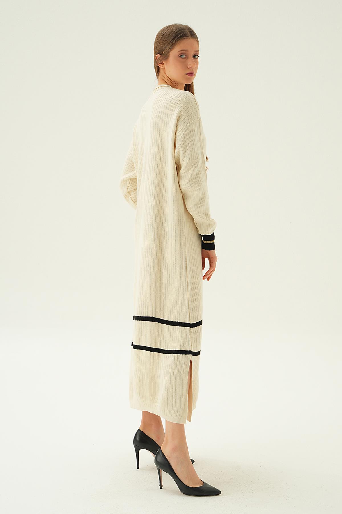 Bej Çizgi Detay Triko Elbise 4215 - 3