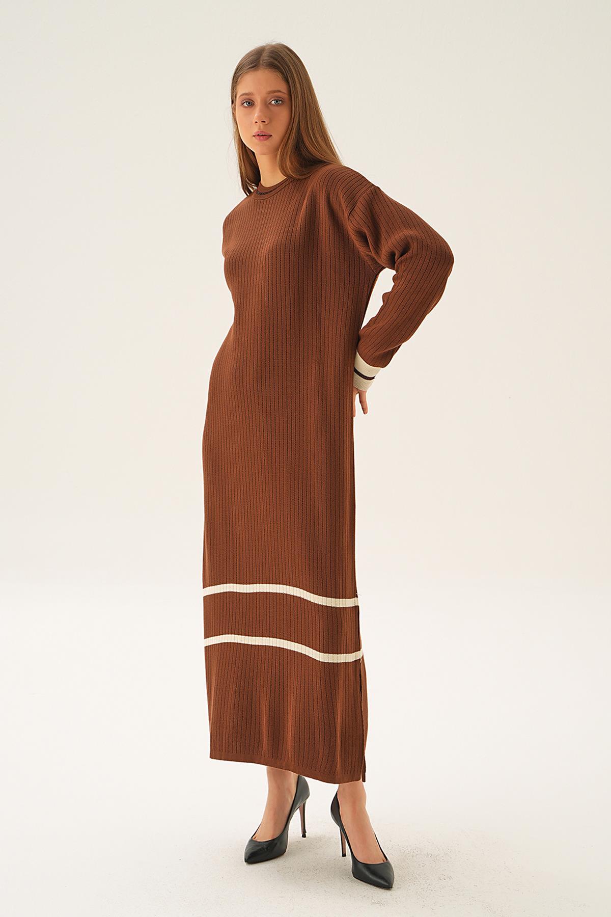 Kahve Çizgi Detay Triko Elbise 4215 
