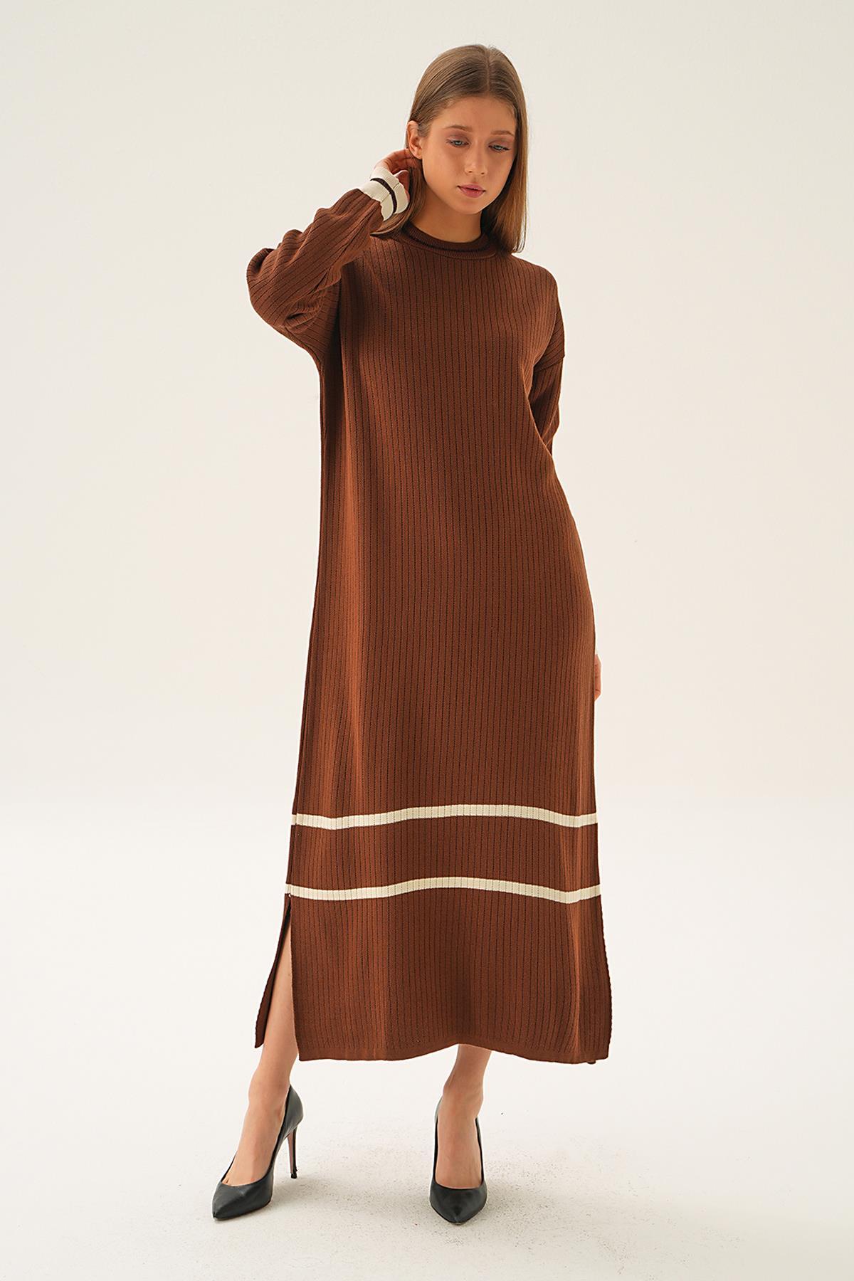 Kahve Çizgi Detay Triko Elbise 4215 - 3