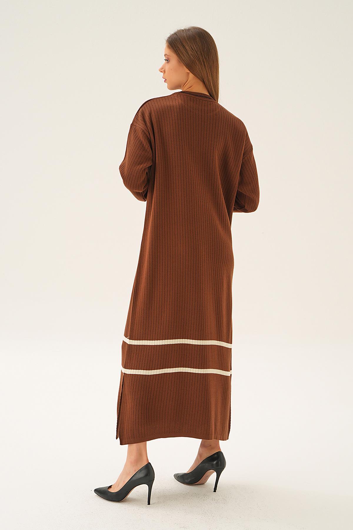 Kahve Çizgi Detay Triko Elbise 4215 - 4