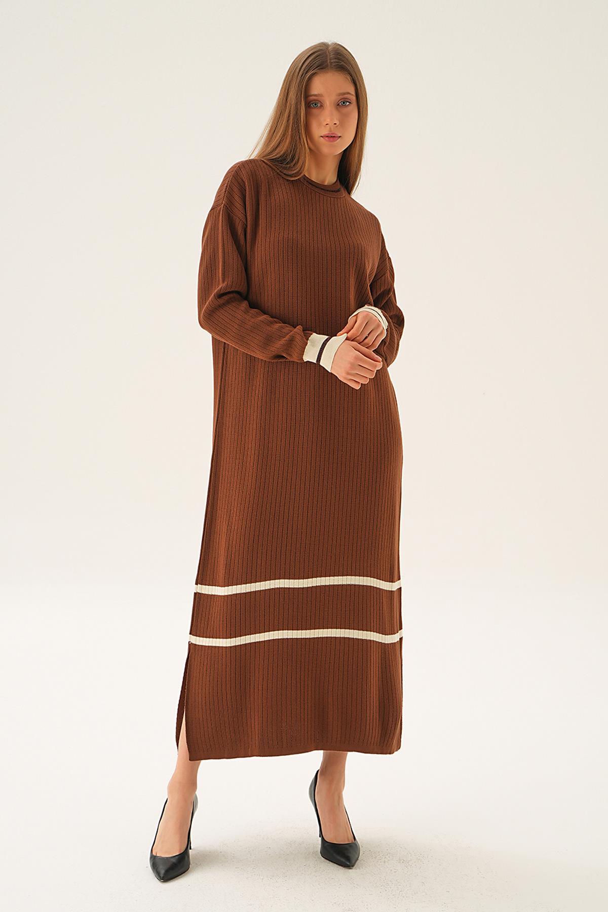 Kahve Çizgi Detay Triko Elbise 4215 - 6