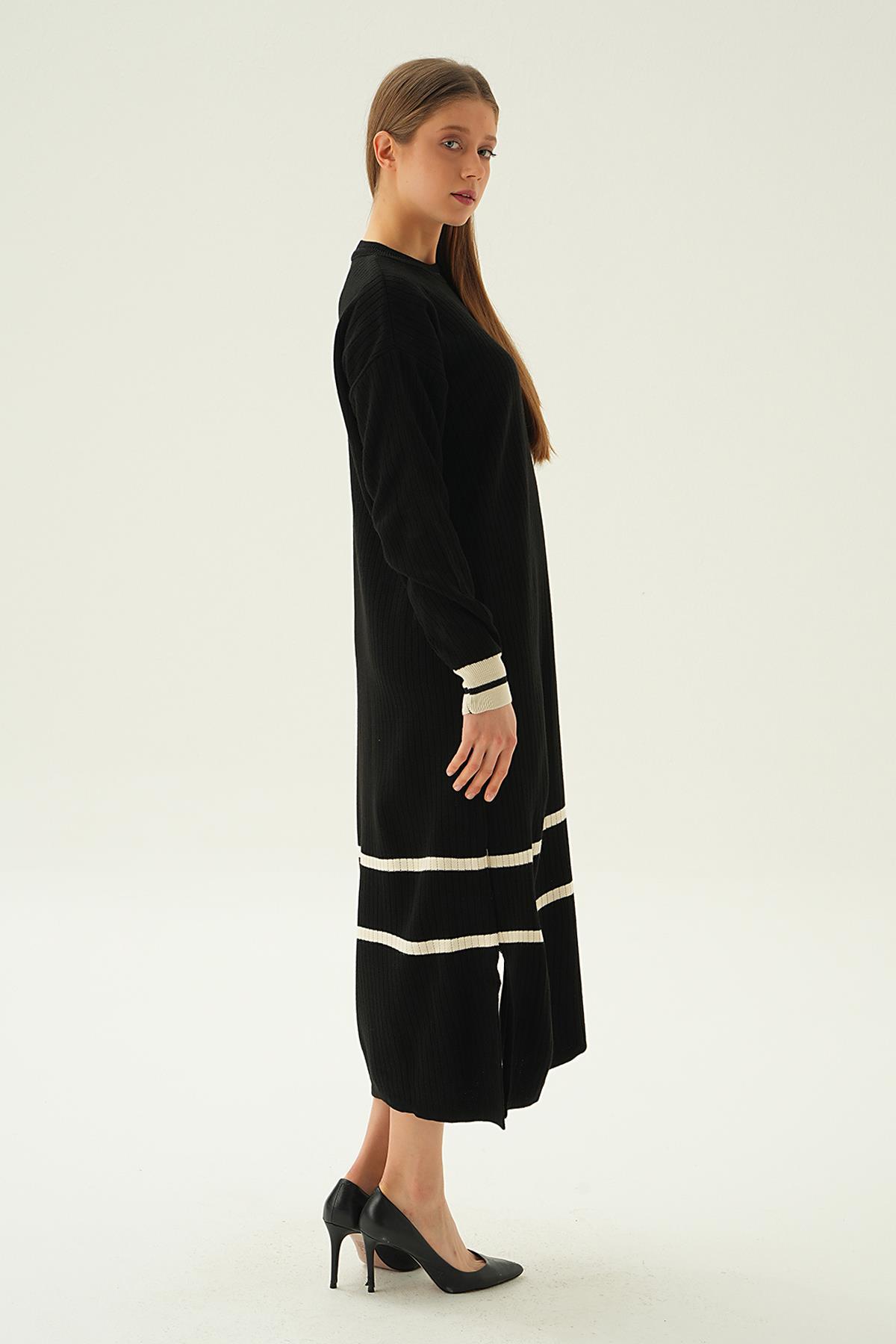 4215 Çizgi Detay Triko Elbise Siyah - 3
