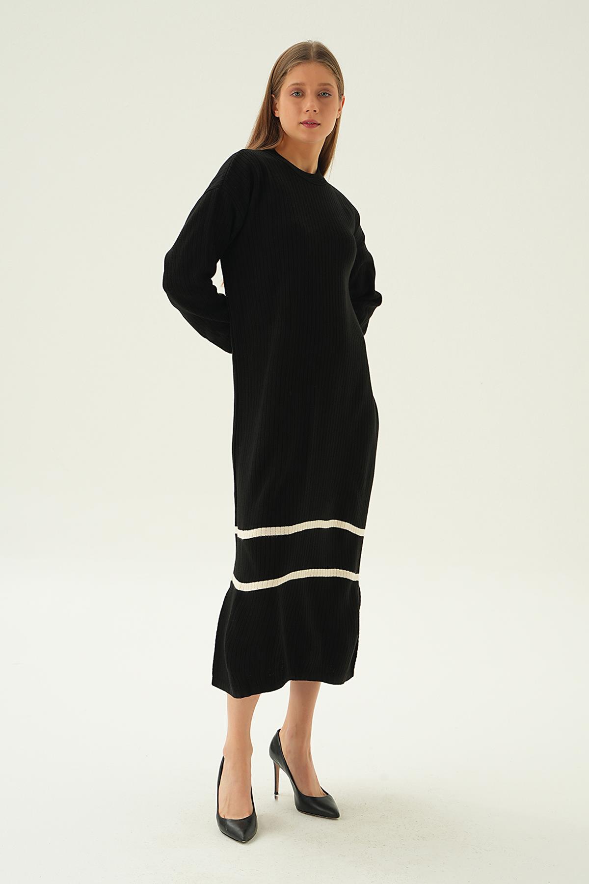 Siyah Çizgi Detay Triko Elbise 4215 