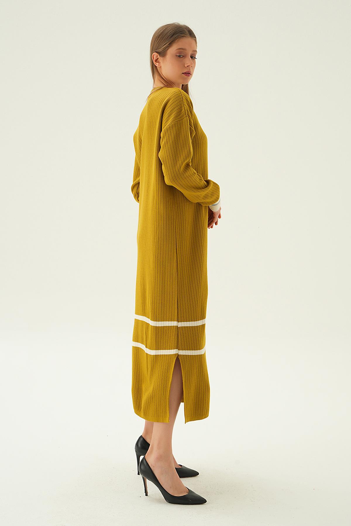 4215 Çizgi Detay Triko Elbise Yağ Yeşili - 2