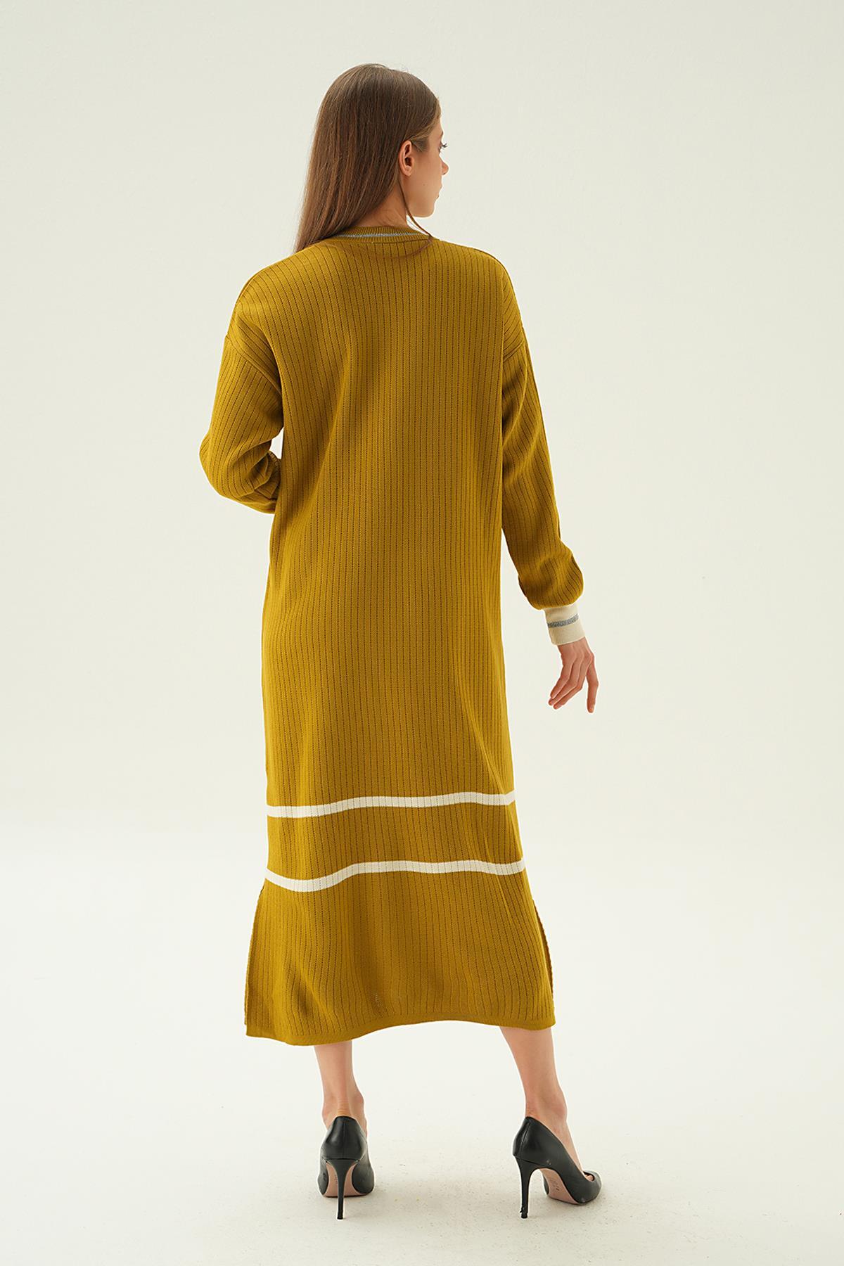 4215 Çizgi Detay Triko Elbise Yağ Yeşili - 3