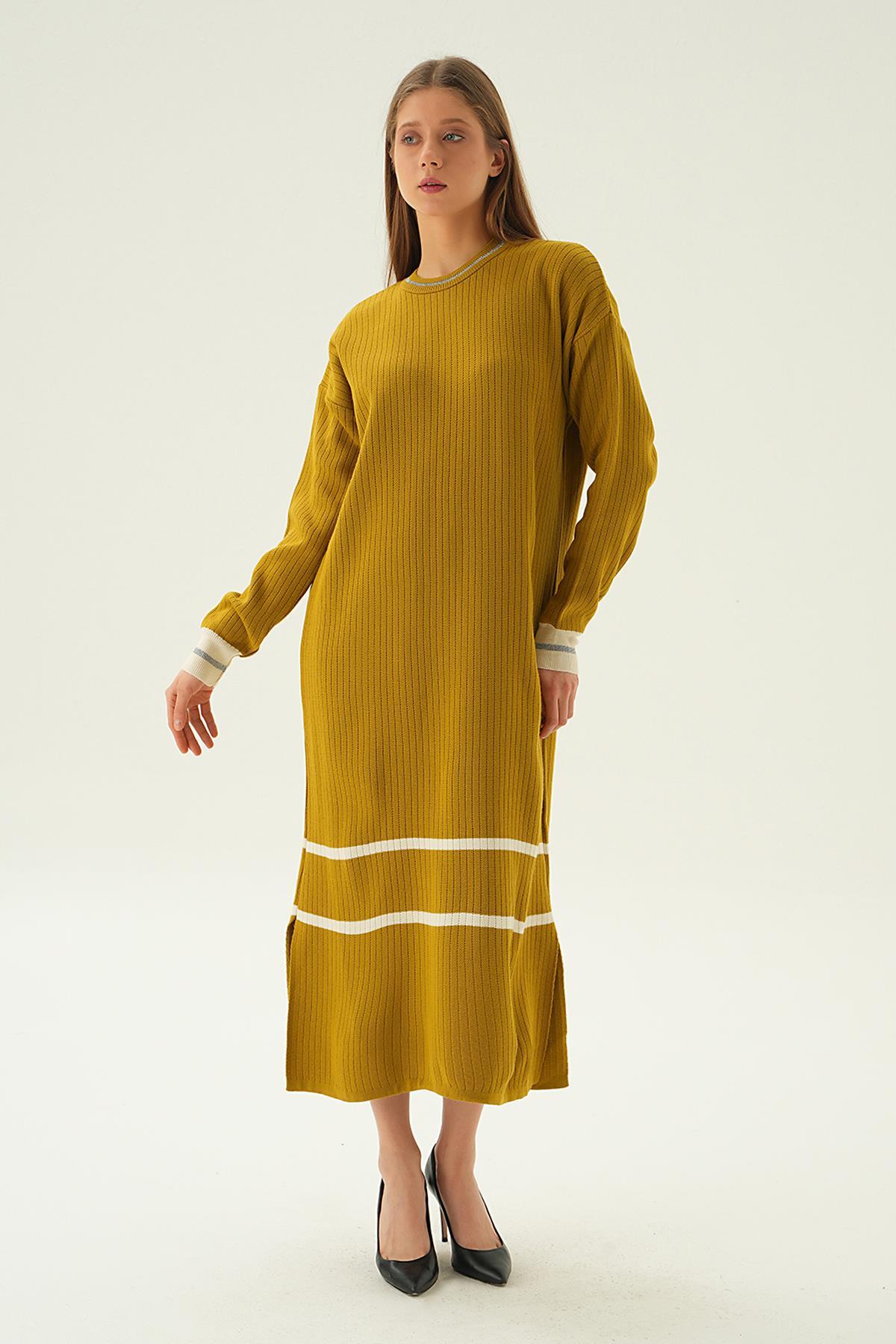 Yağ Yeşili Çizgi Detay Triko Elbise 4215 - 1