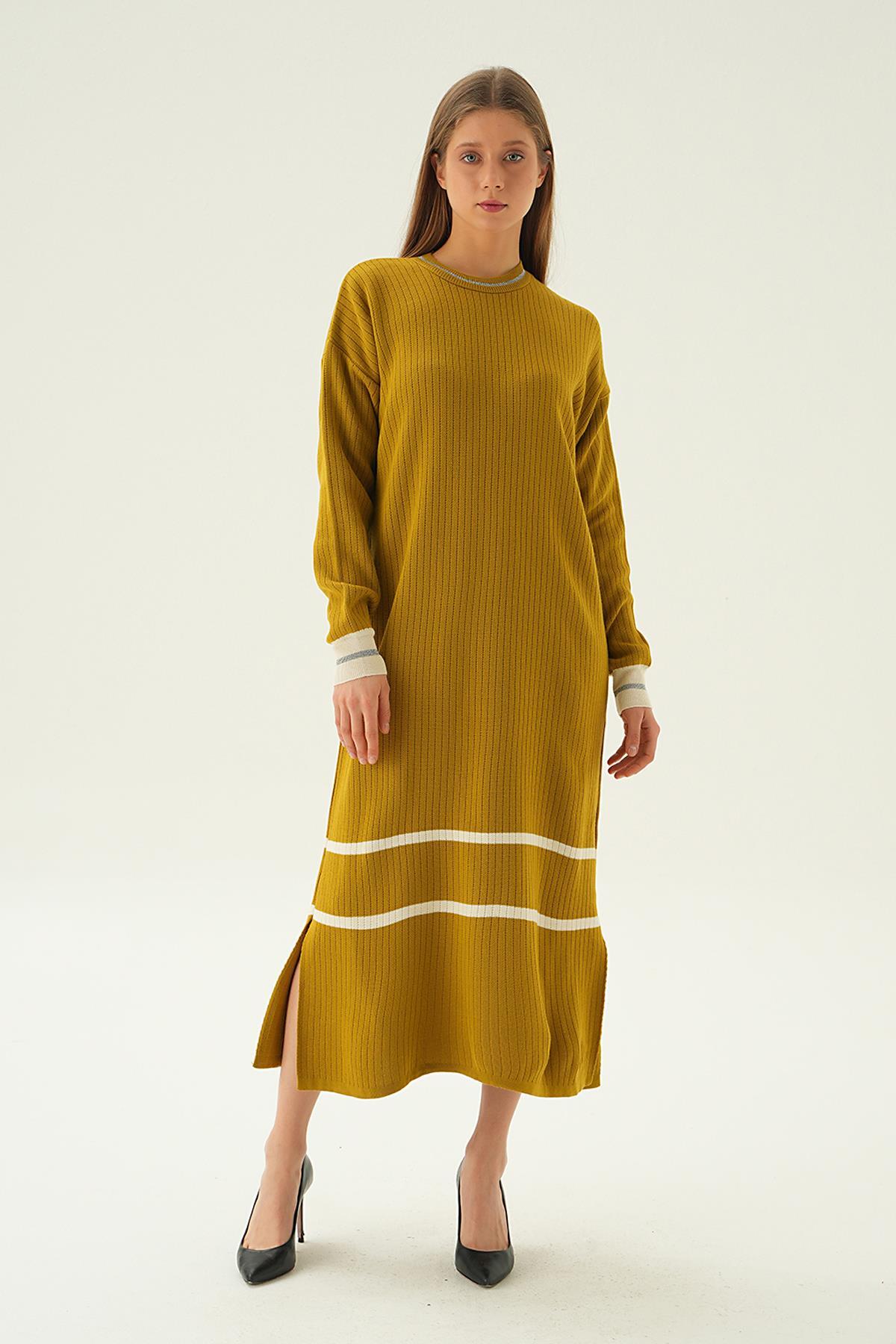 Yağ Yeşili Çizgi Detay Triko Elbise 4215 - 6