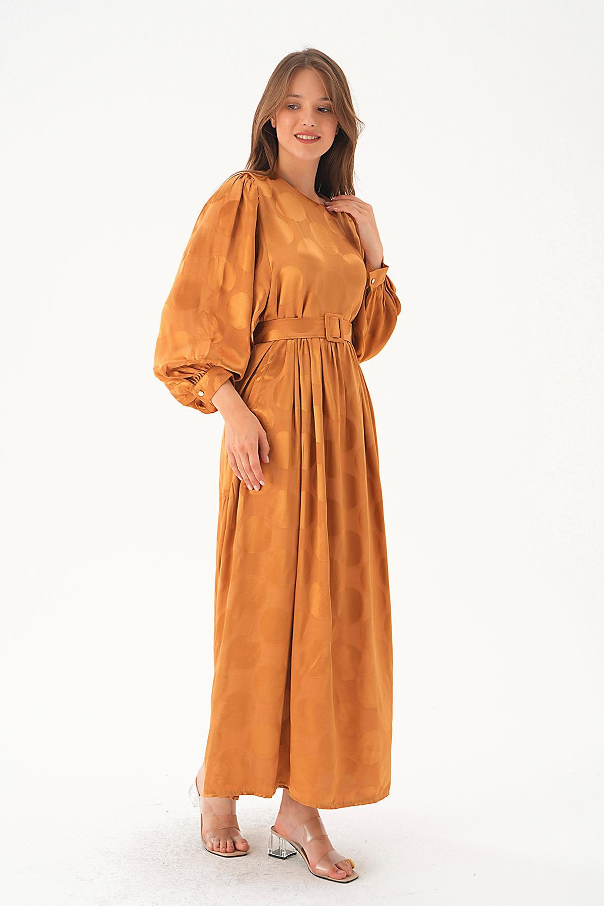 Camel Puantiye Desen Kemerli Elbise 4215A - 2