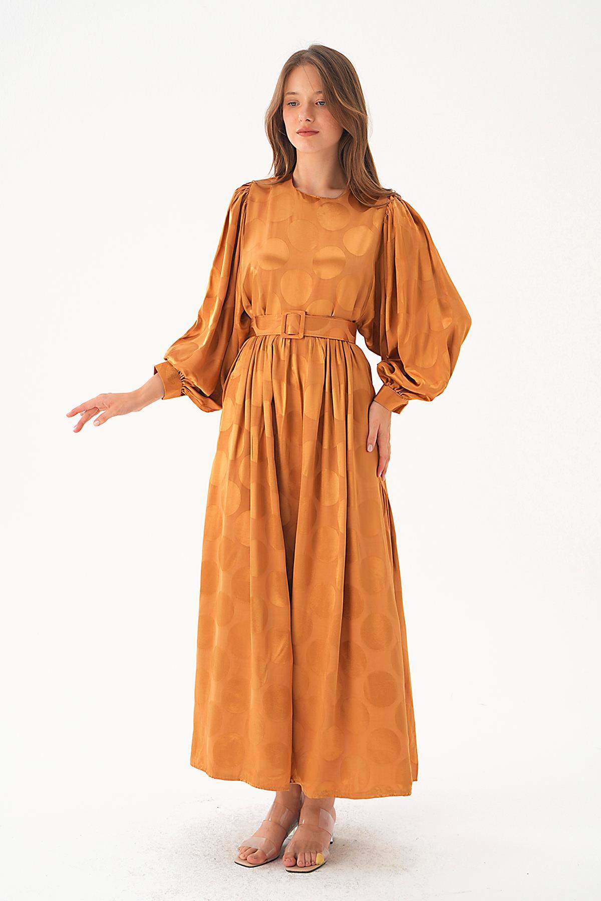 Camel Puantiye Desen Kemerli Elbise 4215A - 3