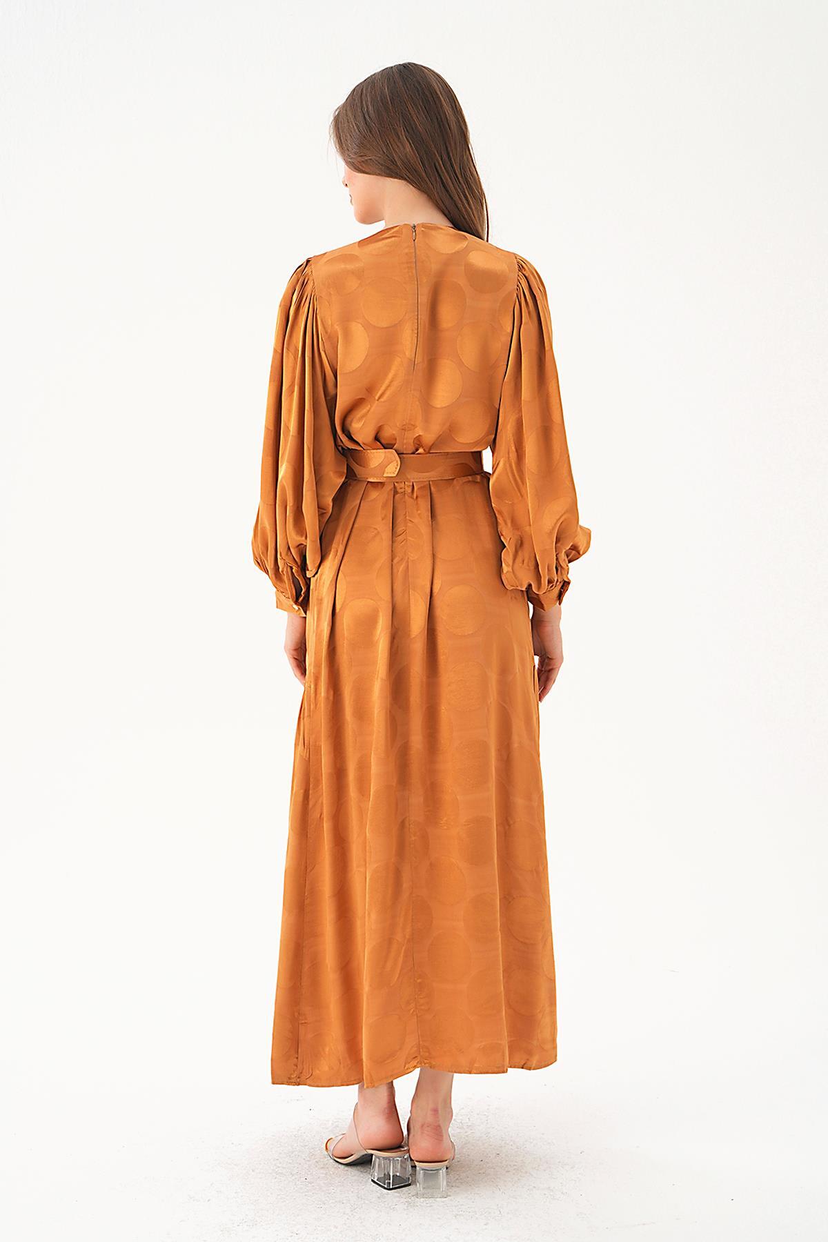 Camel Puantiye Desen Kemerli Elbise 4215A - 4