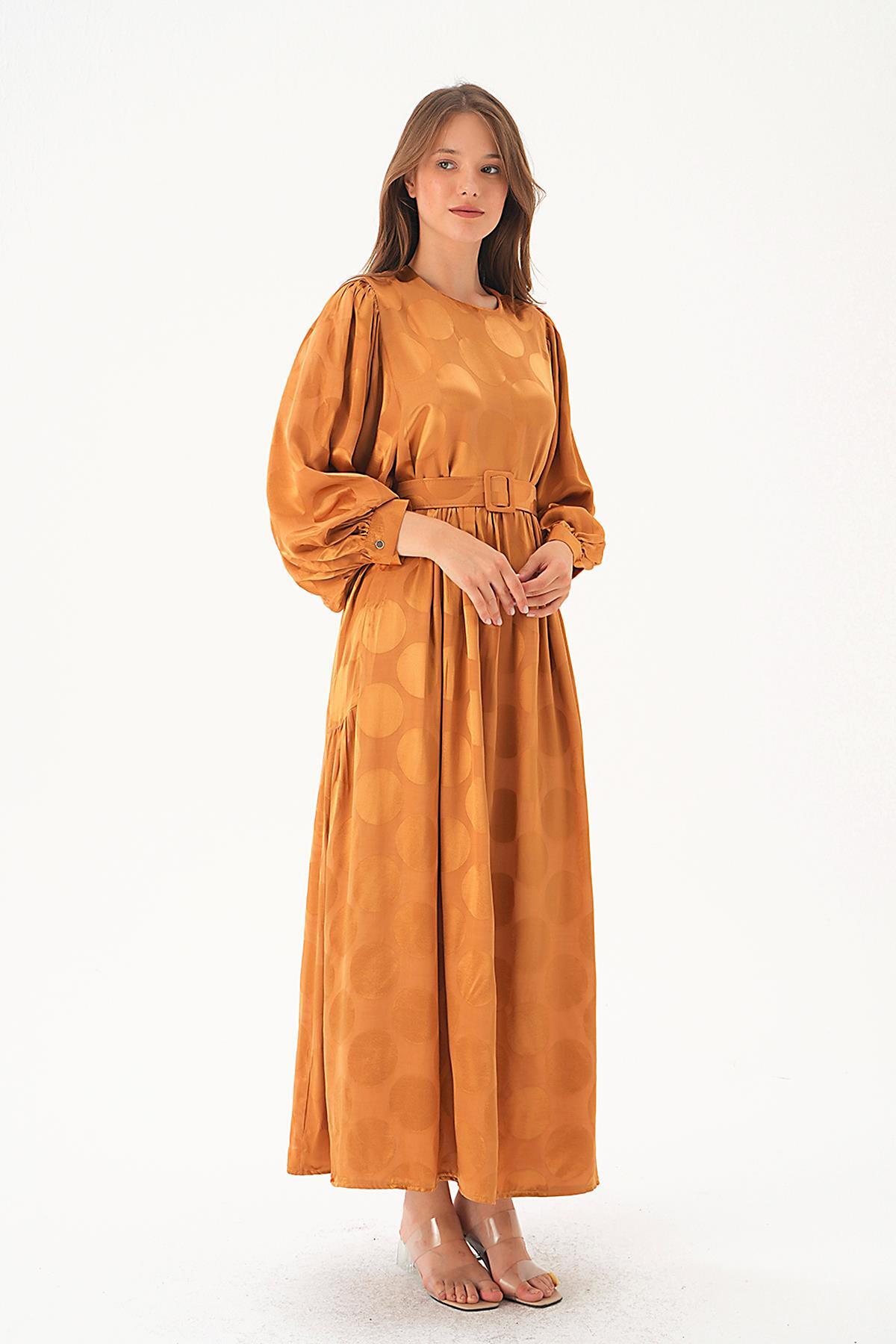 Puantiye Desen Kemerli Elbise 4215A Camel - RAYS