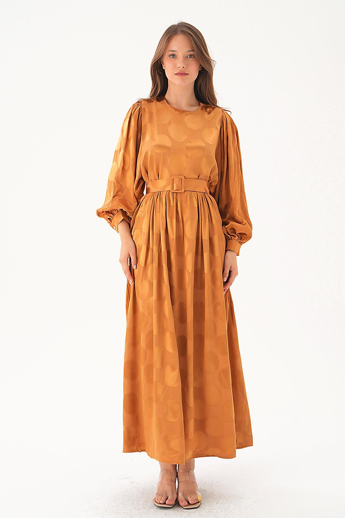 Puantiye Desen Kemerli Elbise 4215A Camel - 6