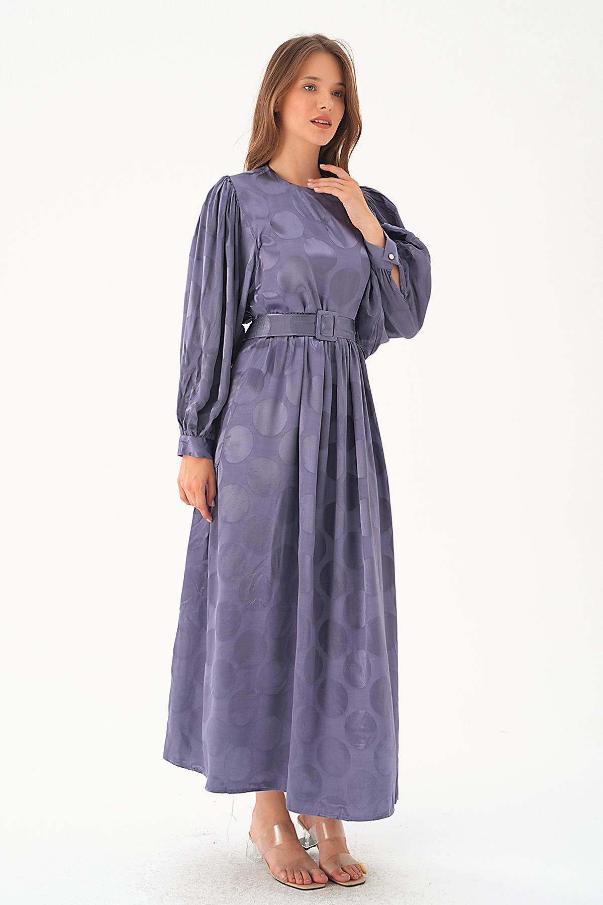 4215A Puantiye Desen Kemerli Elbise Leylak 