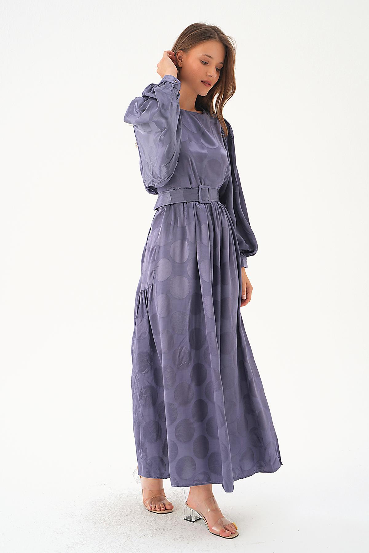 Leylak Puantiye Desen Kemerli Elbise 4215A - 2