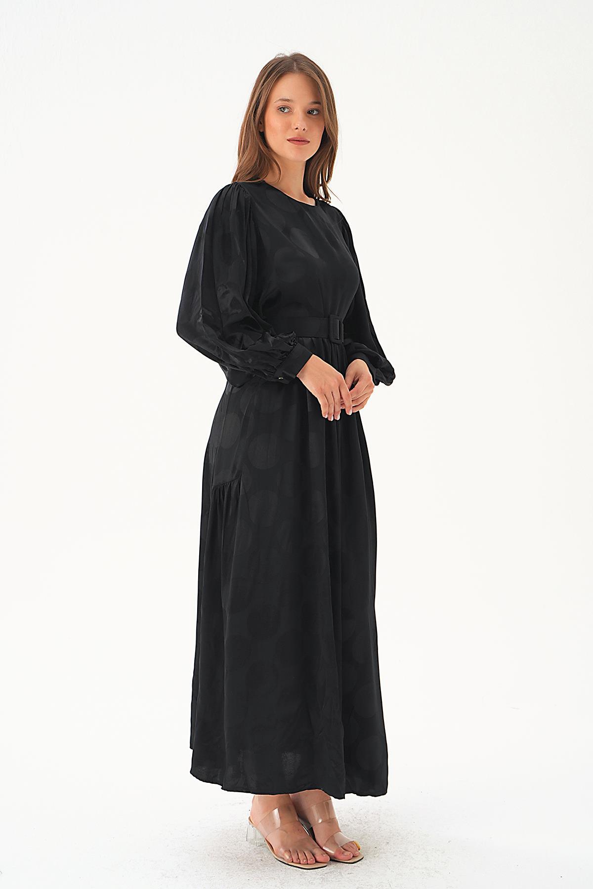 Siyah Puantiye Desen Kemerli Elbise 4215A - 2