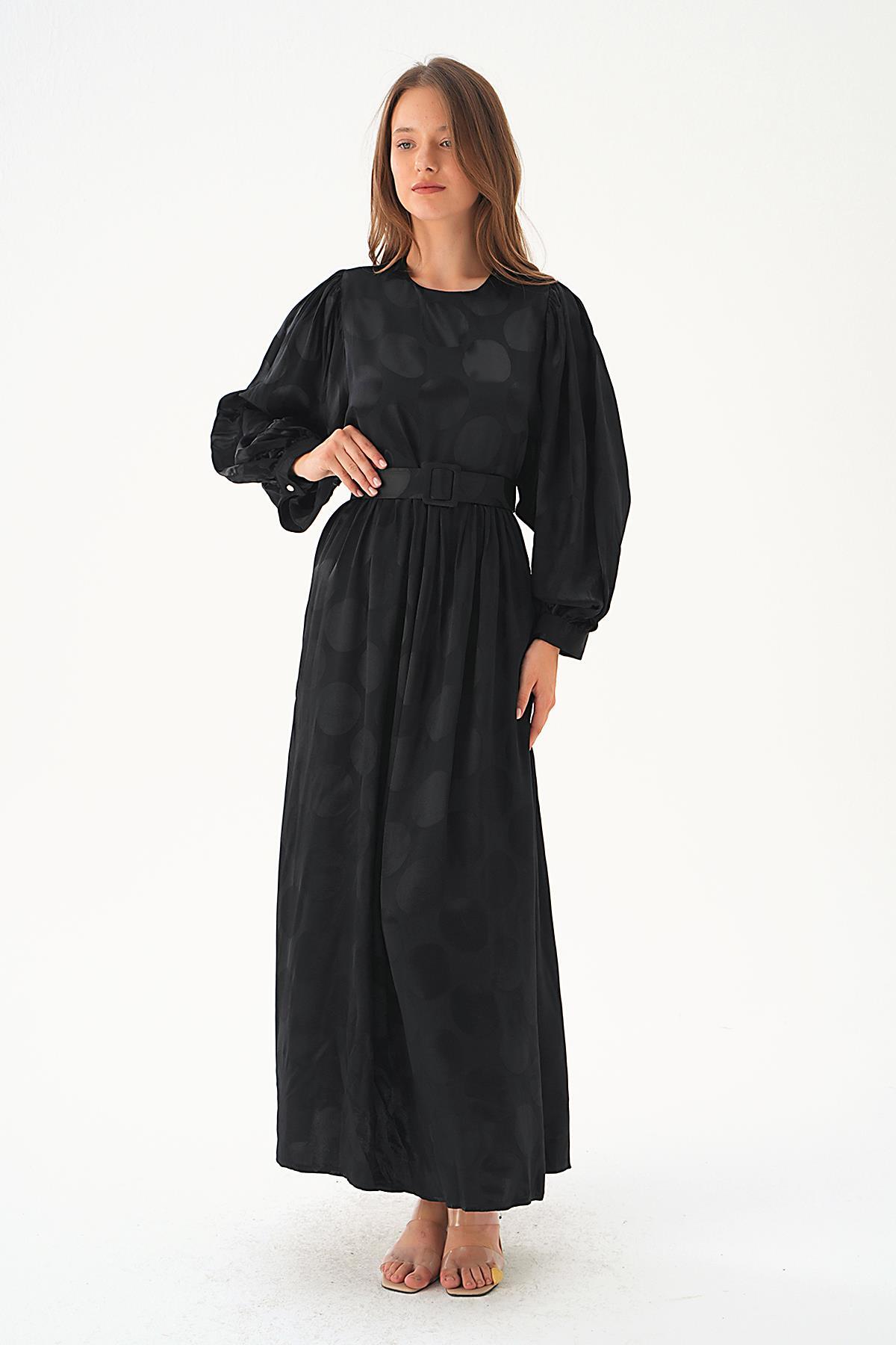 Siyah Puantiye Desen Kemerli Elbise 4215A - 4