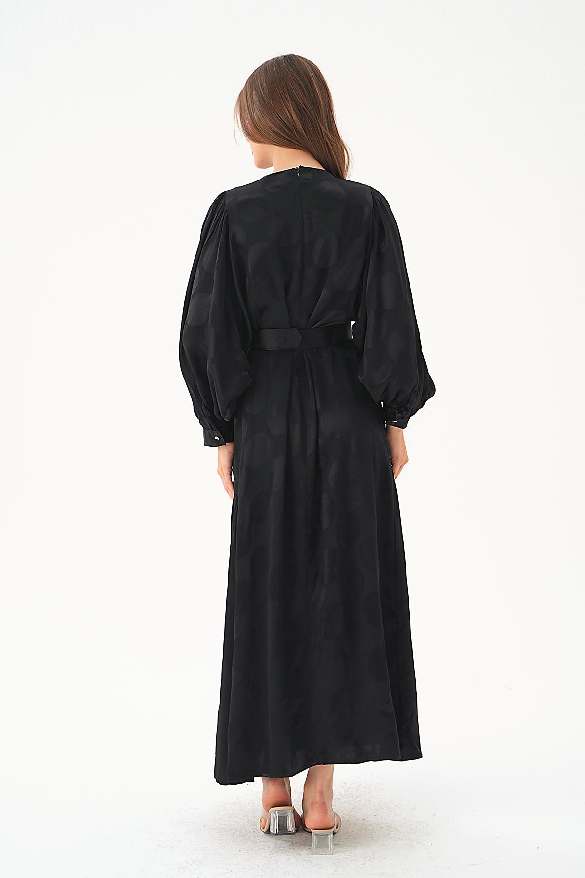 Siyah Puantiye Desen Kemerli Elbise 4215A - 5