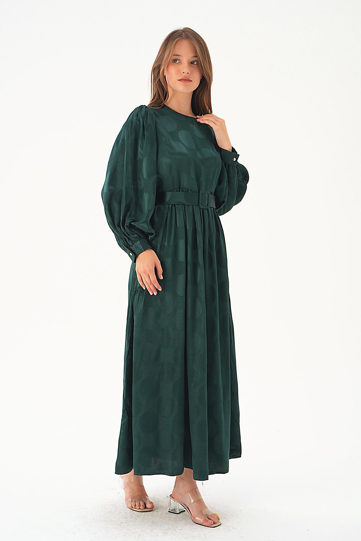 Zümrüt Puantiye Desen Kemerli Elbise 4215A - 2