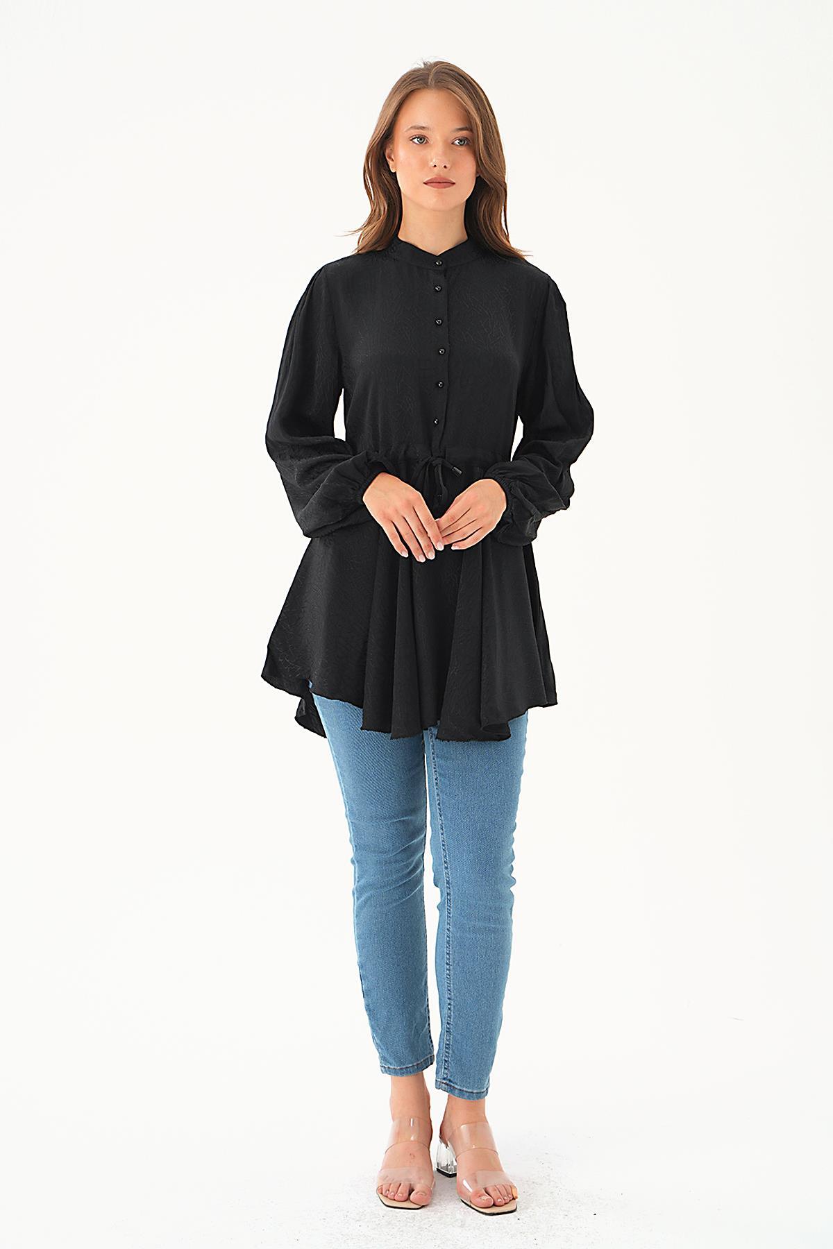 Siyah Bağlama Detay Desenli Tunik 4218A 