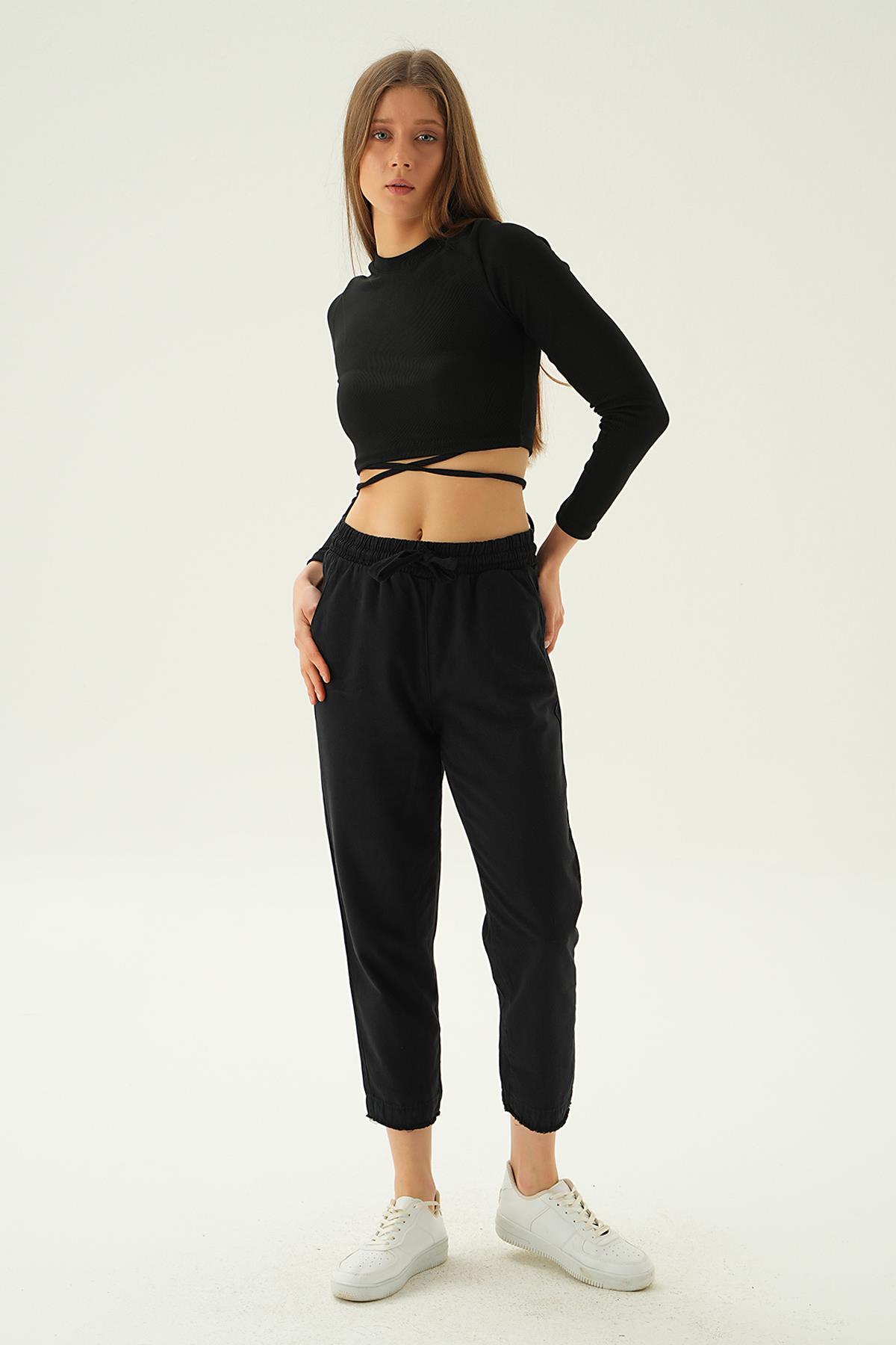 Siyah Paça Püskül Pantolon 4228 