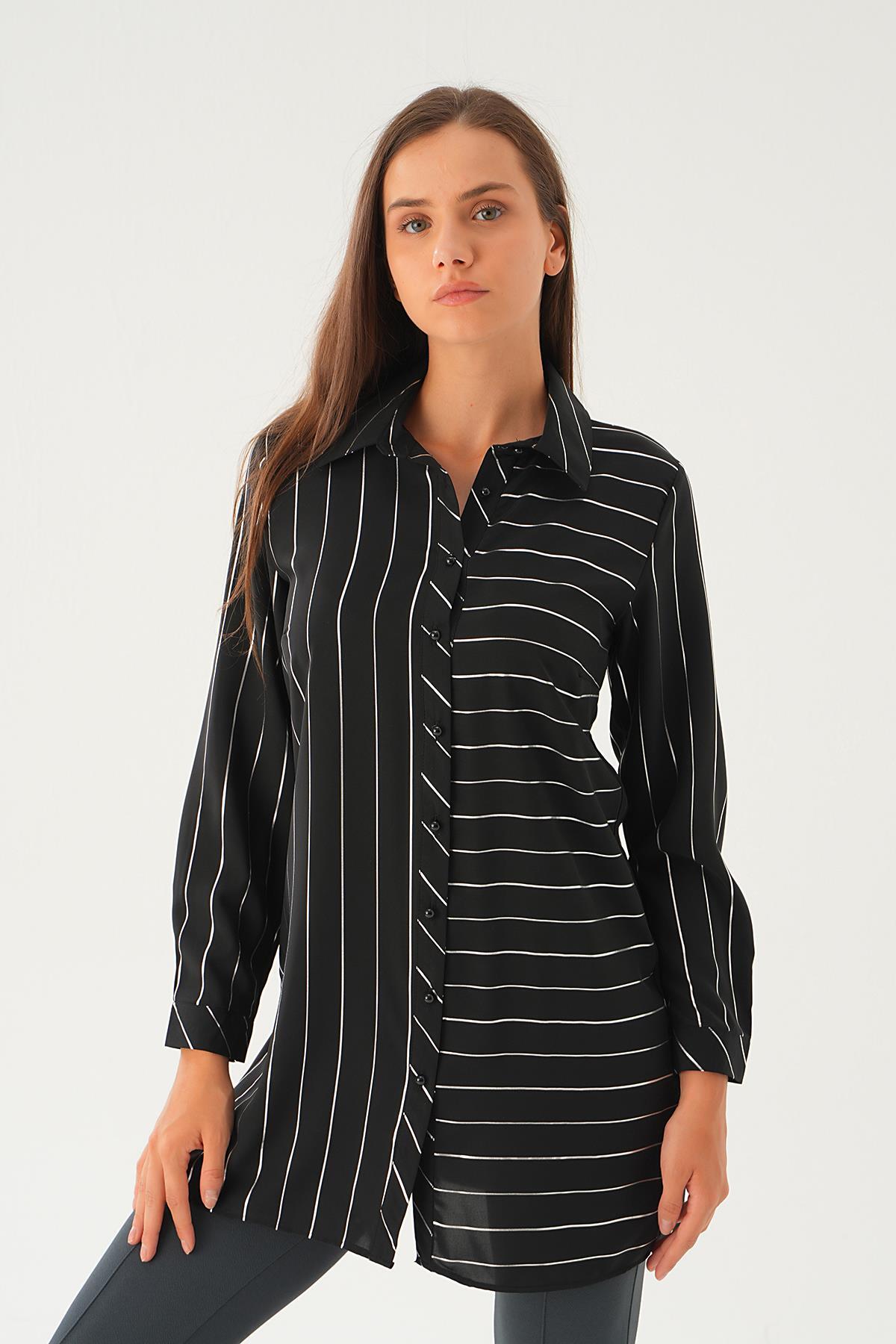 4232A Çizgi Detay Salaş Tunik Siyah 