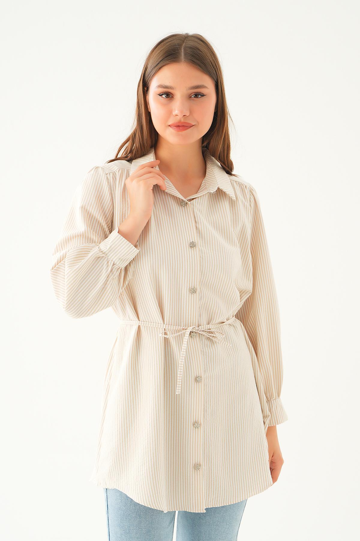 Bej Bağlama Detay Çizgili Tunik 4242A - 1