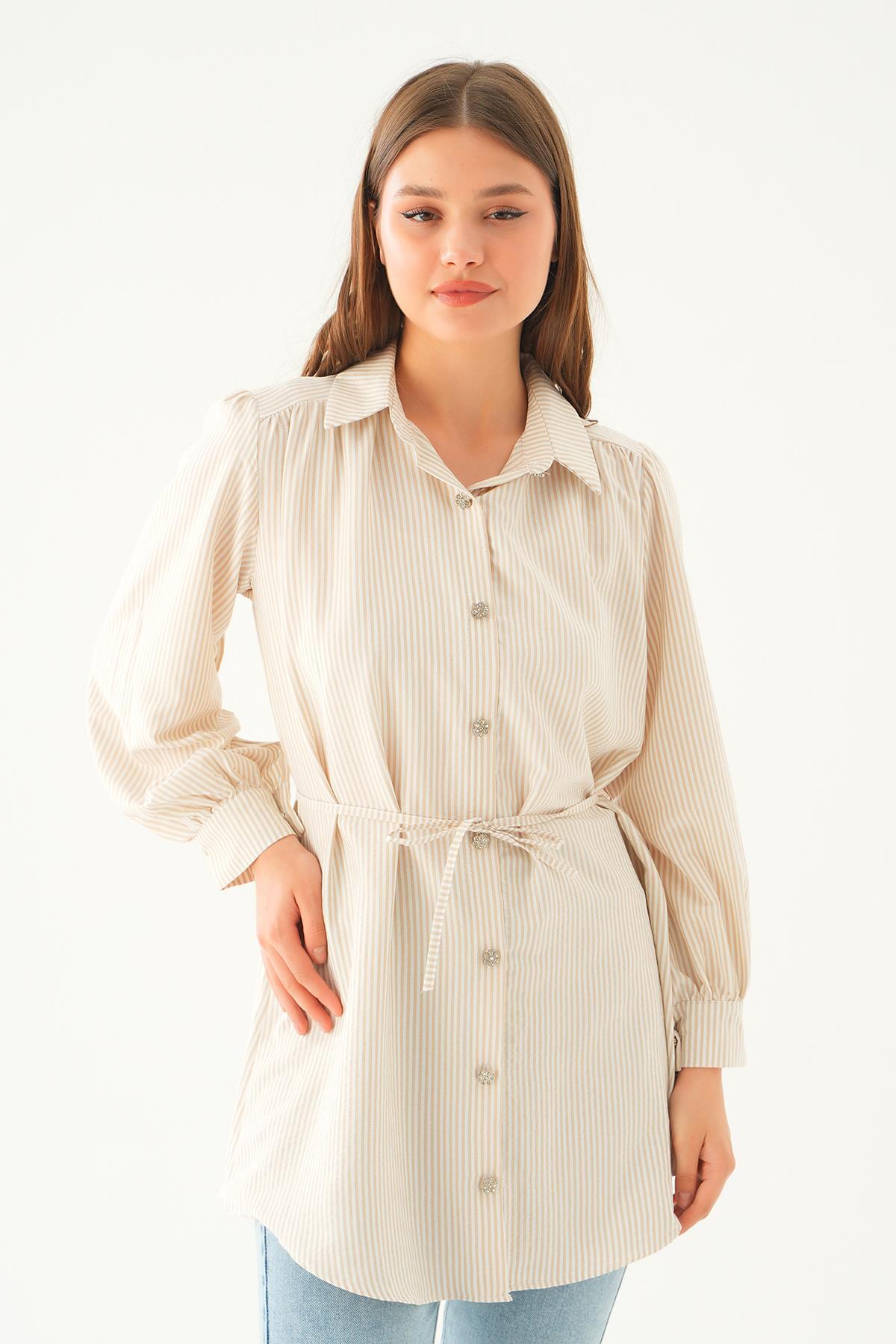 Bej Bağlama Detay Çizgili Tunik 4242A - 2