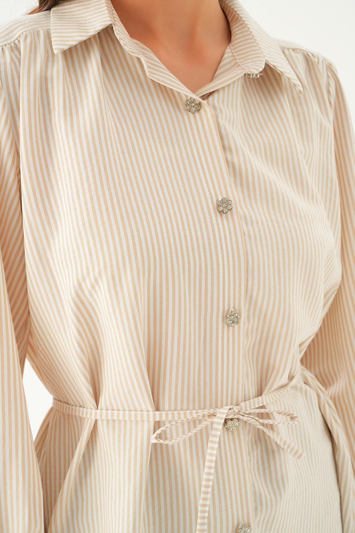 Bej Bağlama Detay Çizgili Tunik 4242A - 5