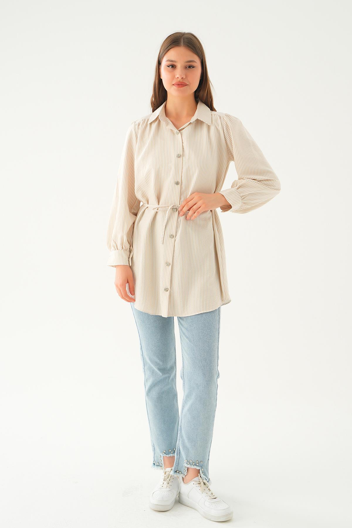 Bej Bağlama Detay Çizgili Tunik 4242A - 6