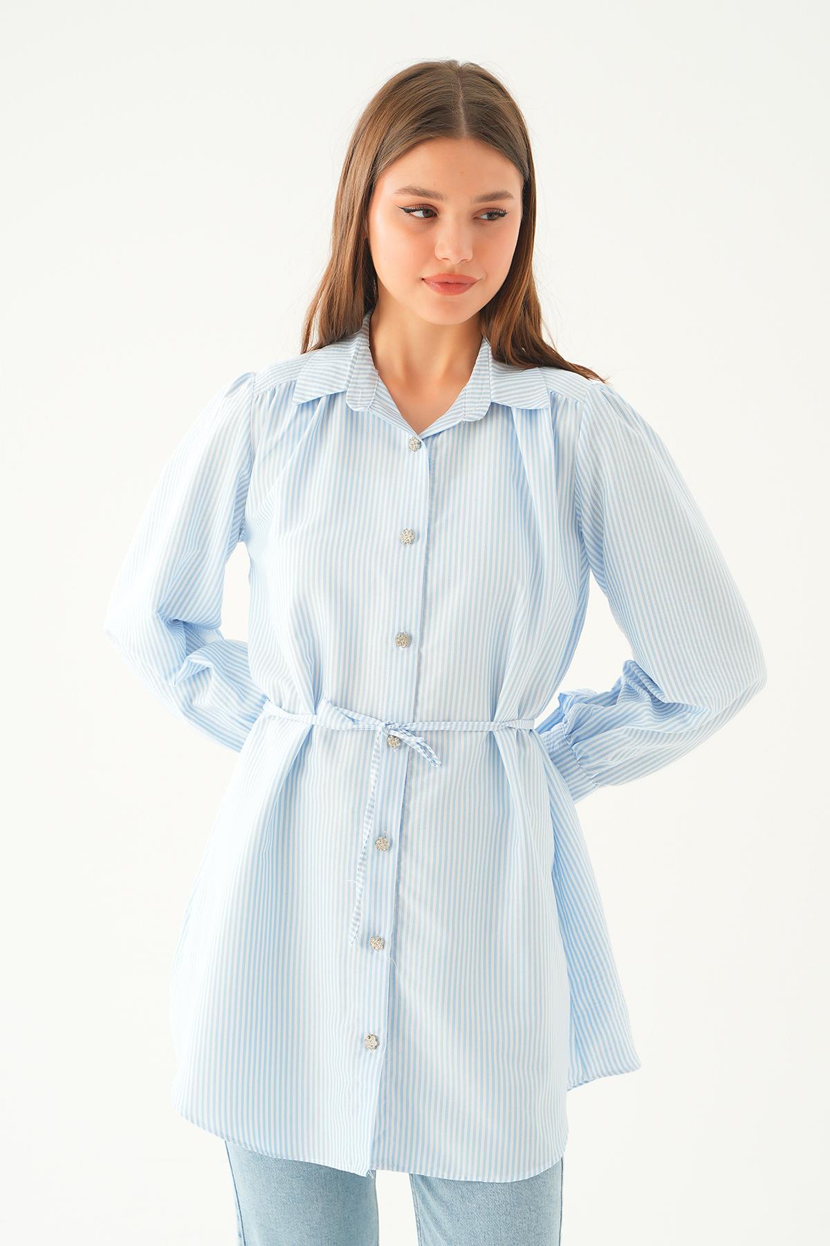 4242A Bağlama Detay Çizgili Tunik Mavi - 3