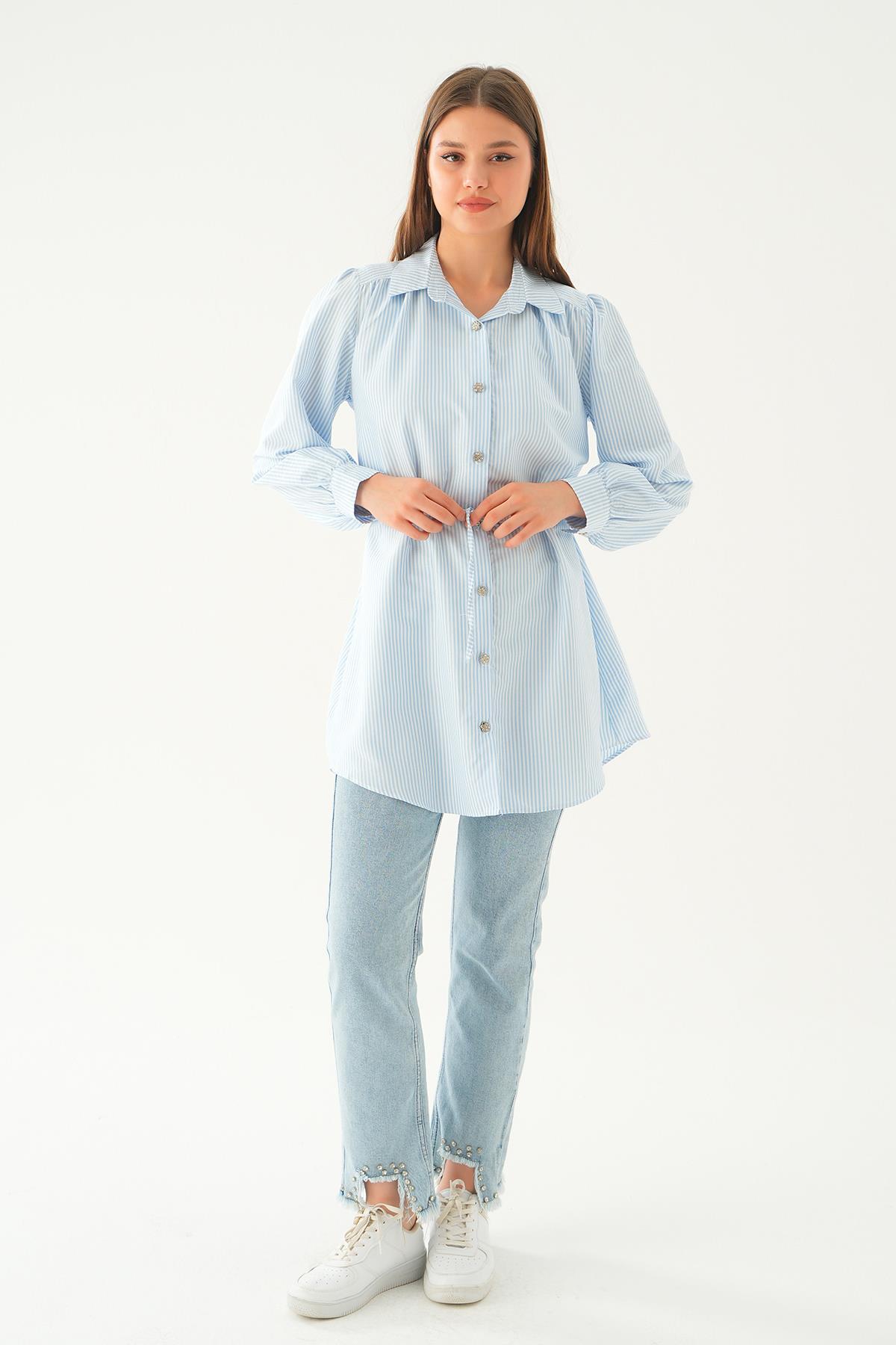 4242A Bağlama Detay Çizgili Tunik Mavi - 6