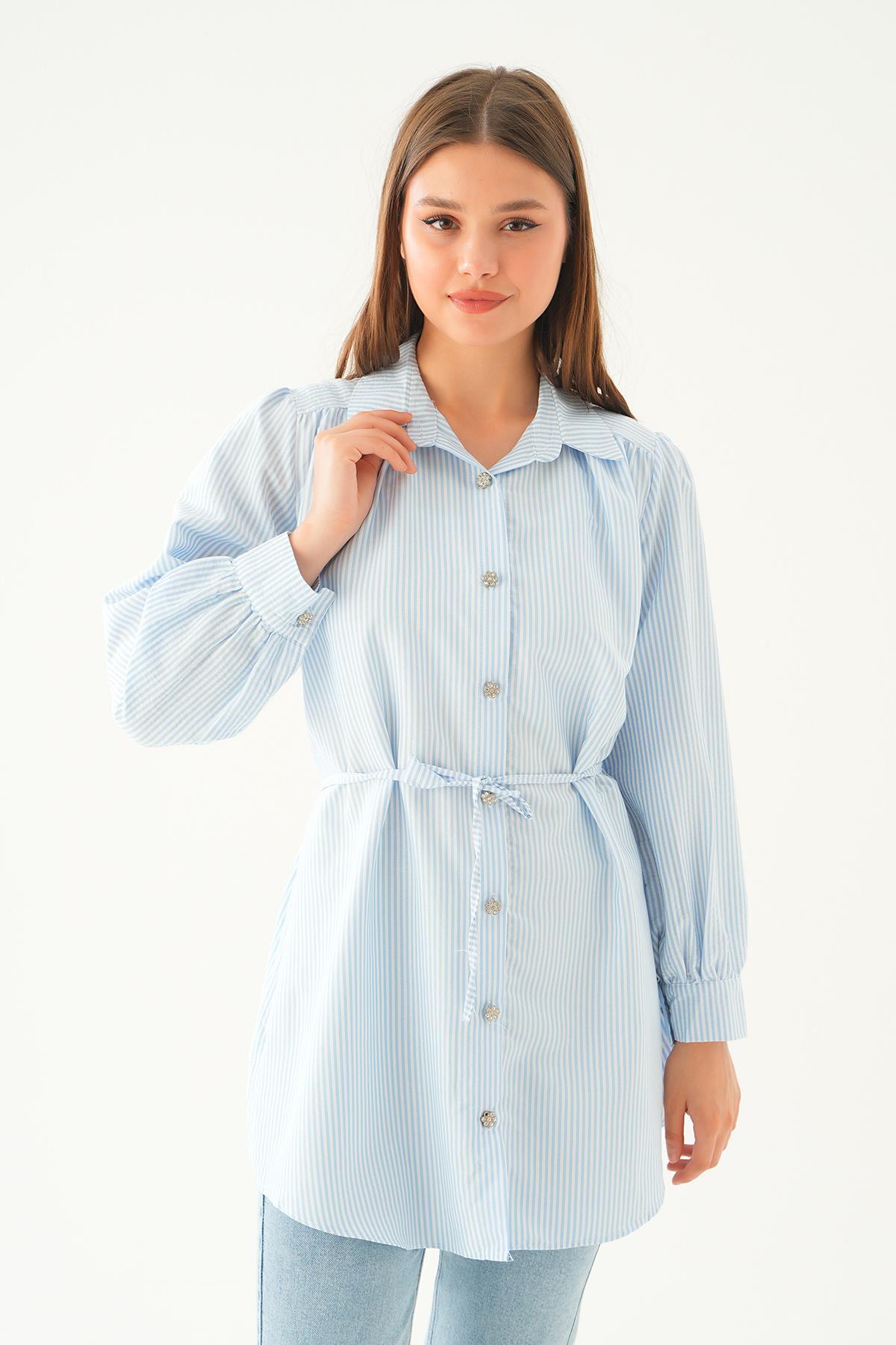 Mavi Bağlama Detay Çizgili Tunik 4242A - 2