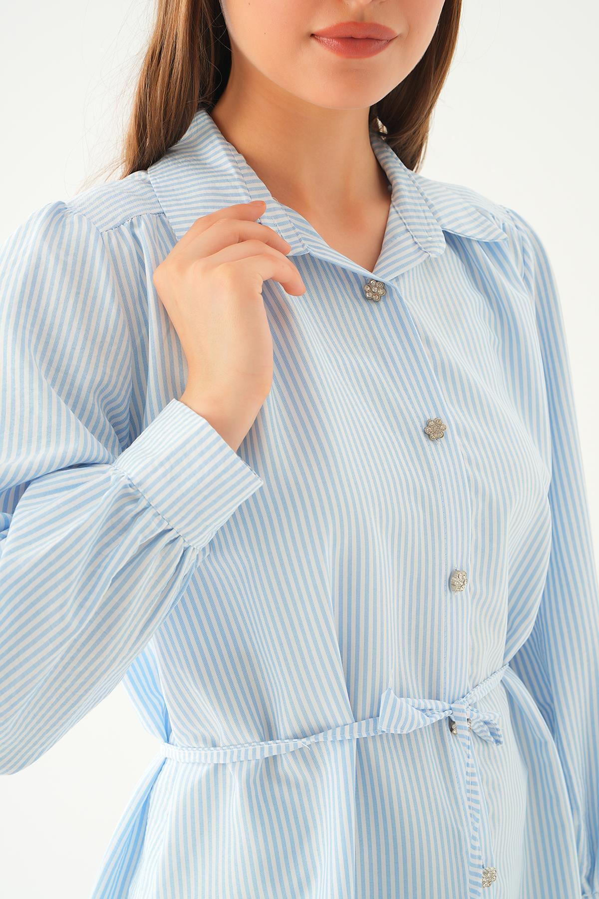 Mavi Bağlama Detay Çizgili Tunik 4242A - 5