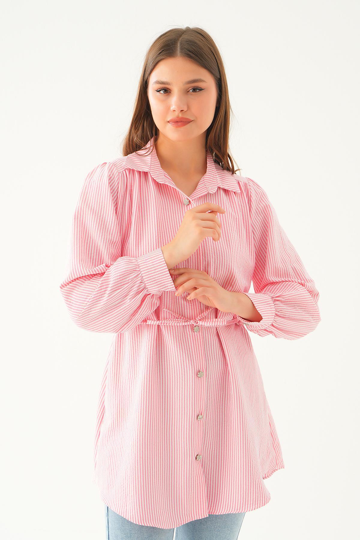 Pembe Bağlama Detay Çizgili Tunik 4242A - 2