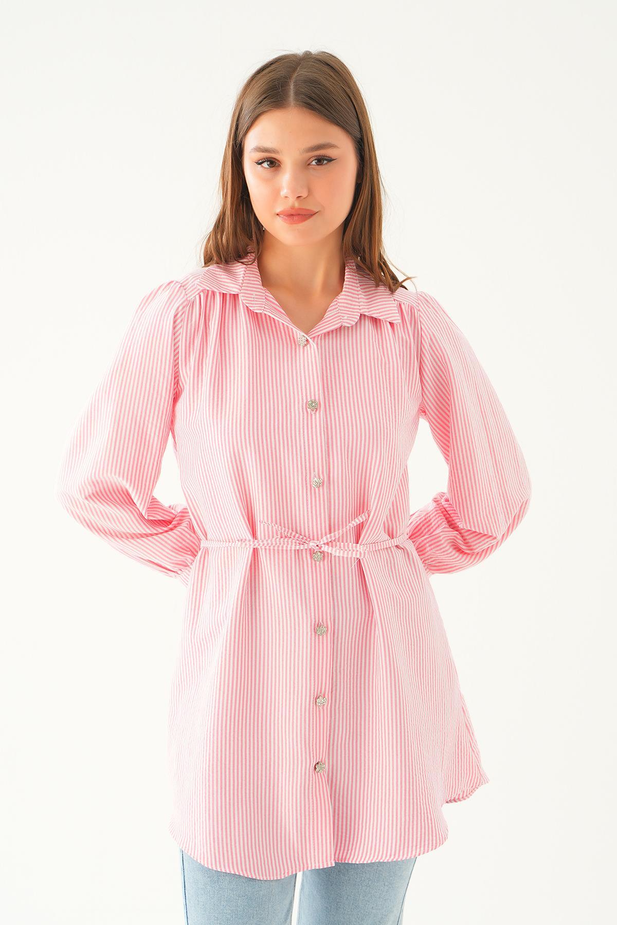 Pembe Bağlama Detay Çizgili Tunik 4242A - 4
