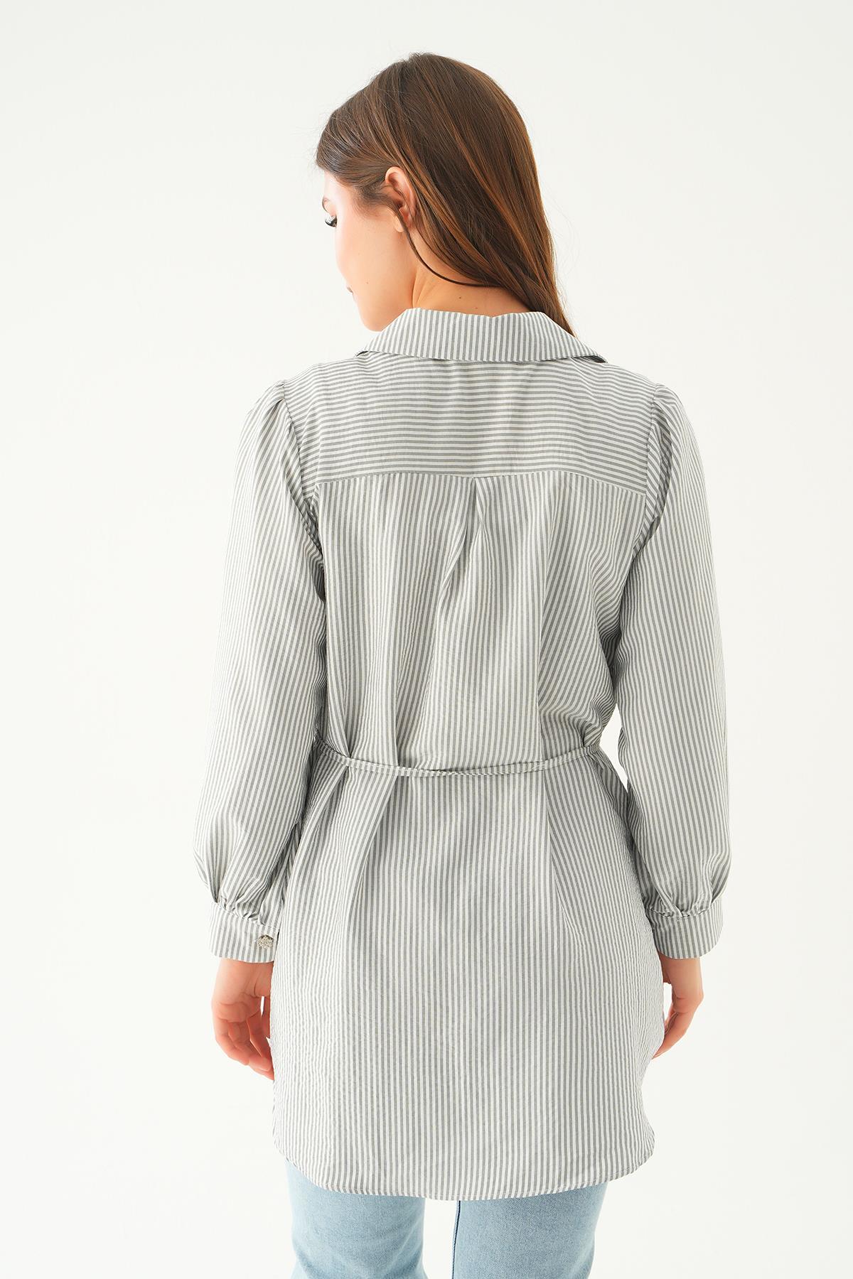 4242A Bağlama Detay Çizgili Tunik Siyah - 3