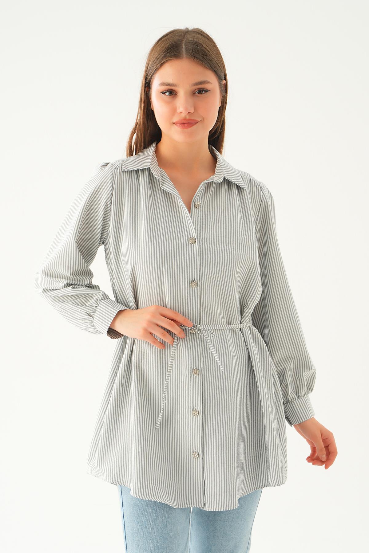 4242A Bağlama Detay Çizgili Tunik Siyah - 4