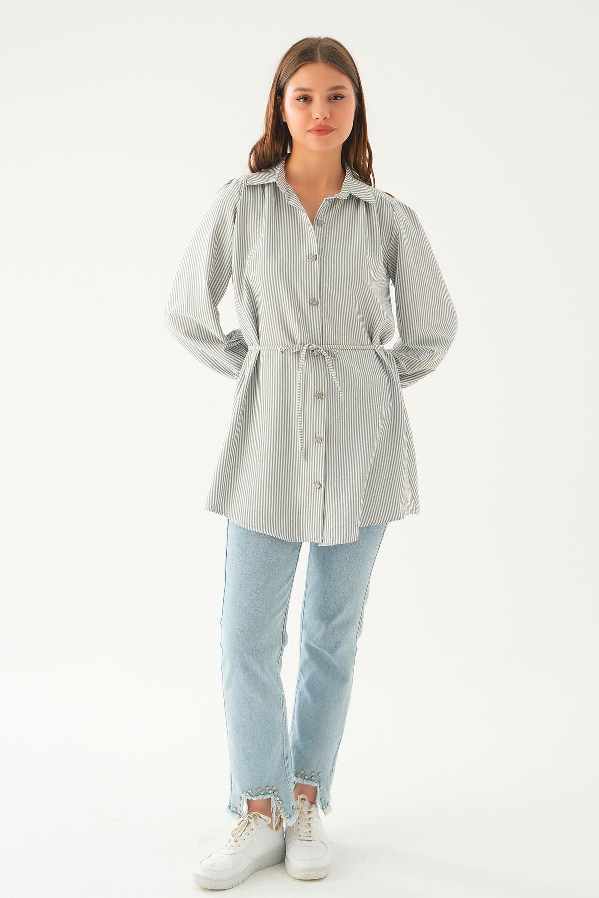 Siyah Bağlama Detay Çizgili Tunik 4242A - 1