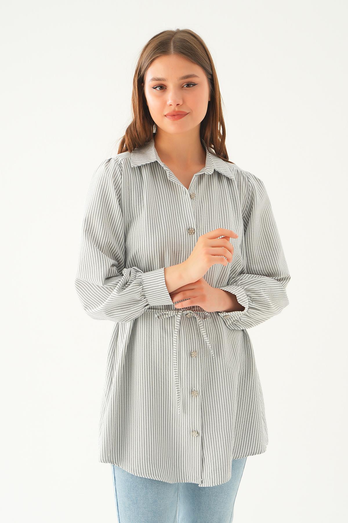 Siyah Bağlama Detay Çizgili Tunik 4242A - 2